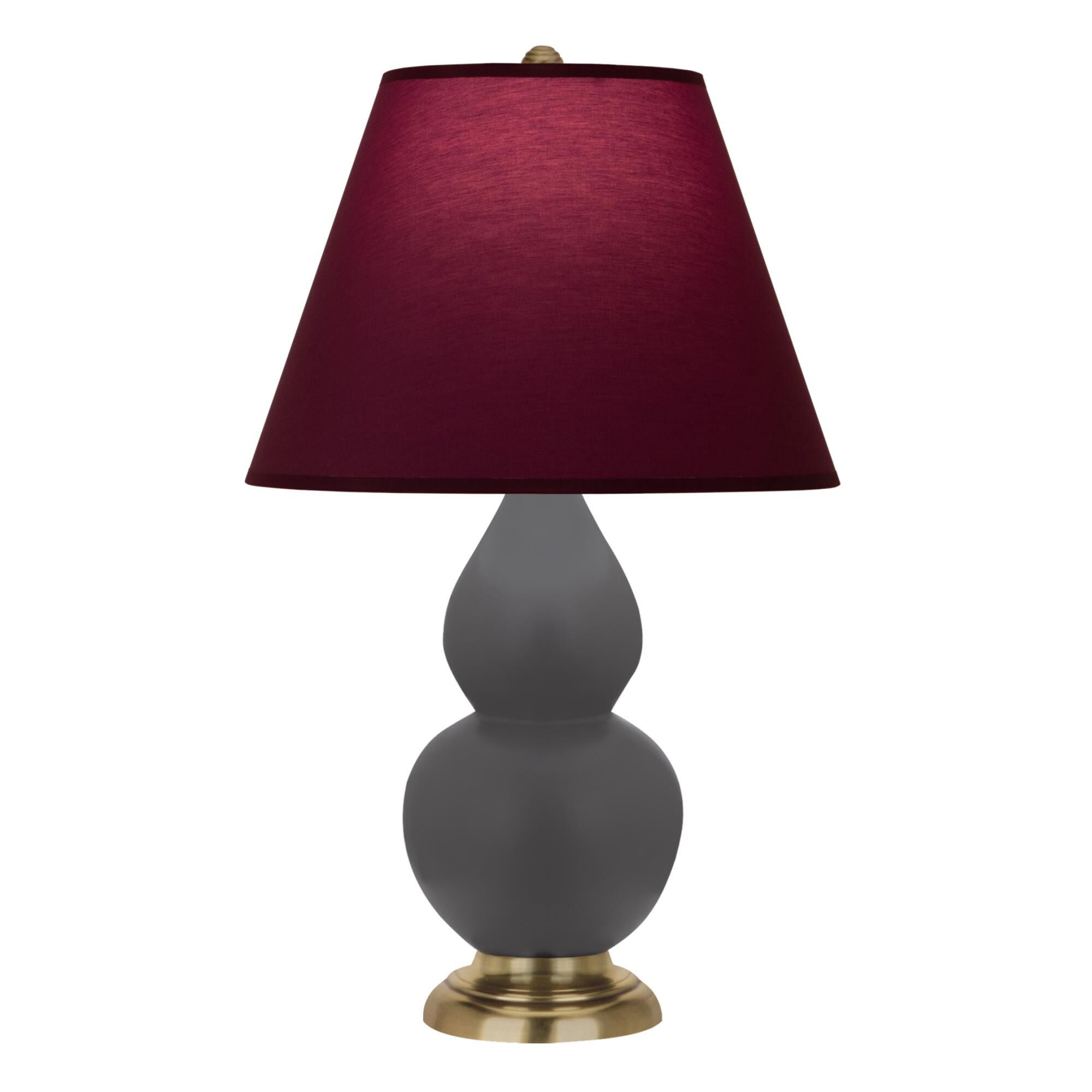 Shown in Matte Ash finish and Plum and Lavender shade and Antique Brass accent