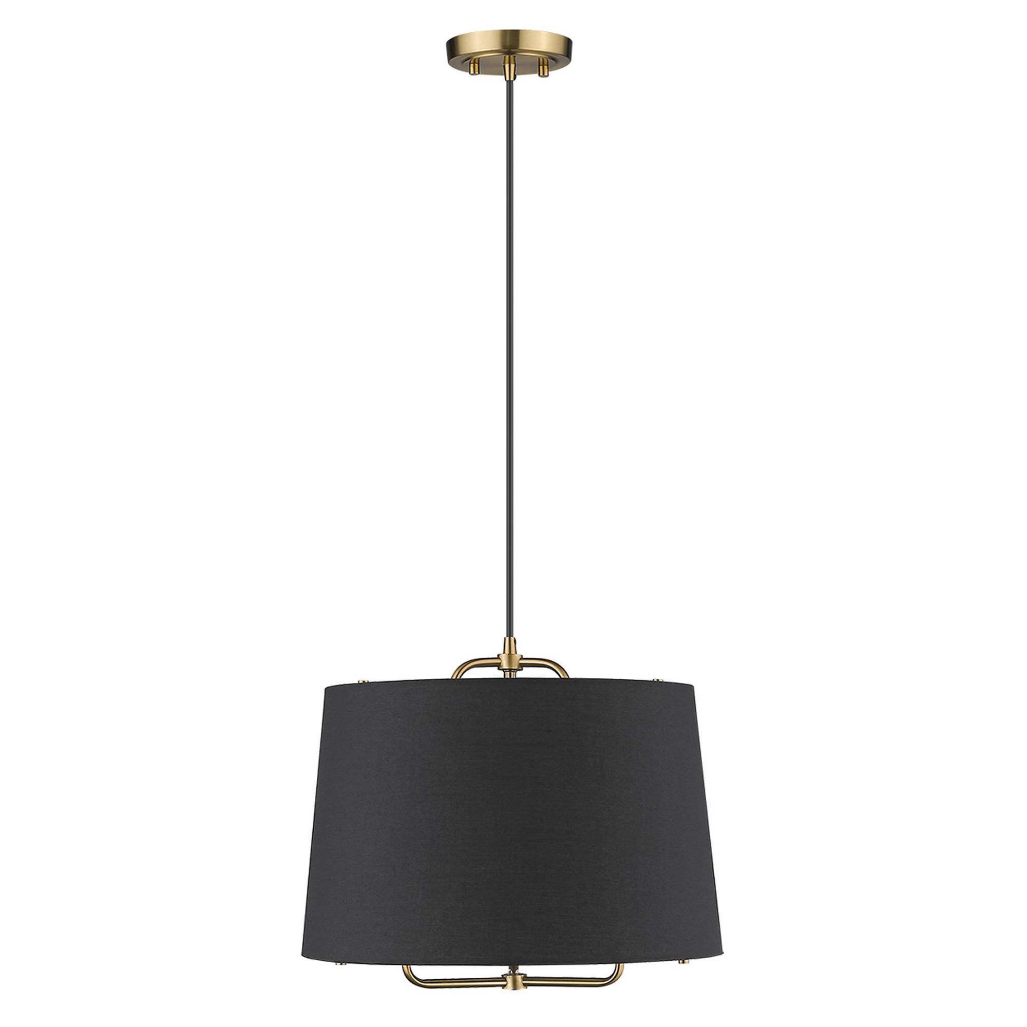 Shown in Gold finish and Matte Black glass and Black Hardback Linen Drum shade