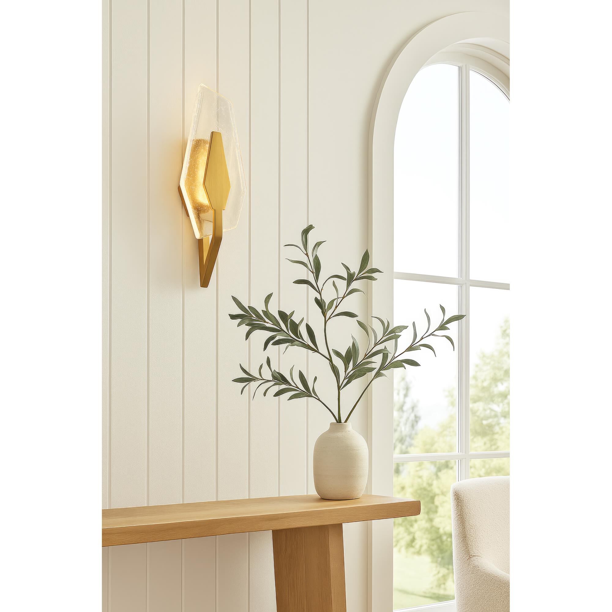 Shown in Gold finish and Handmade Seeded Clear glass