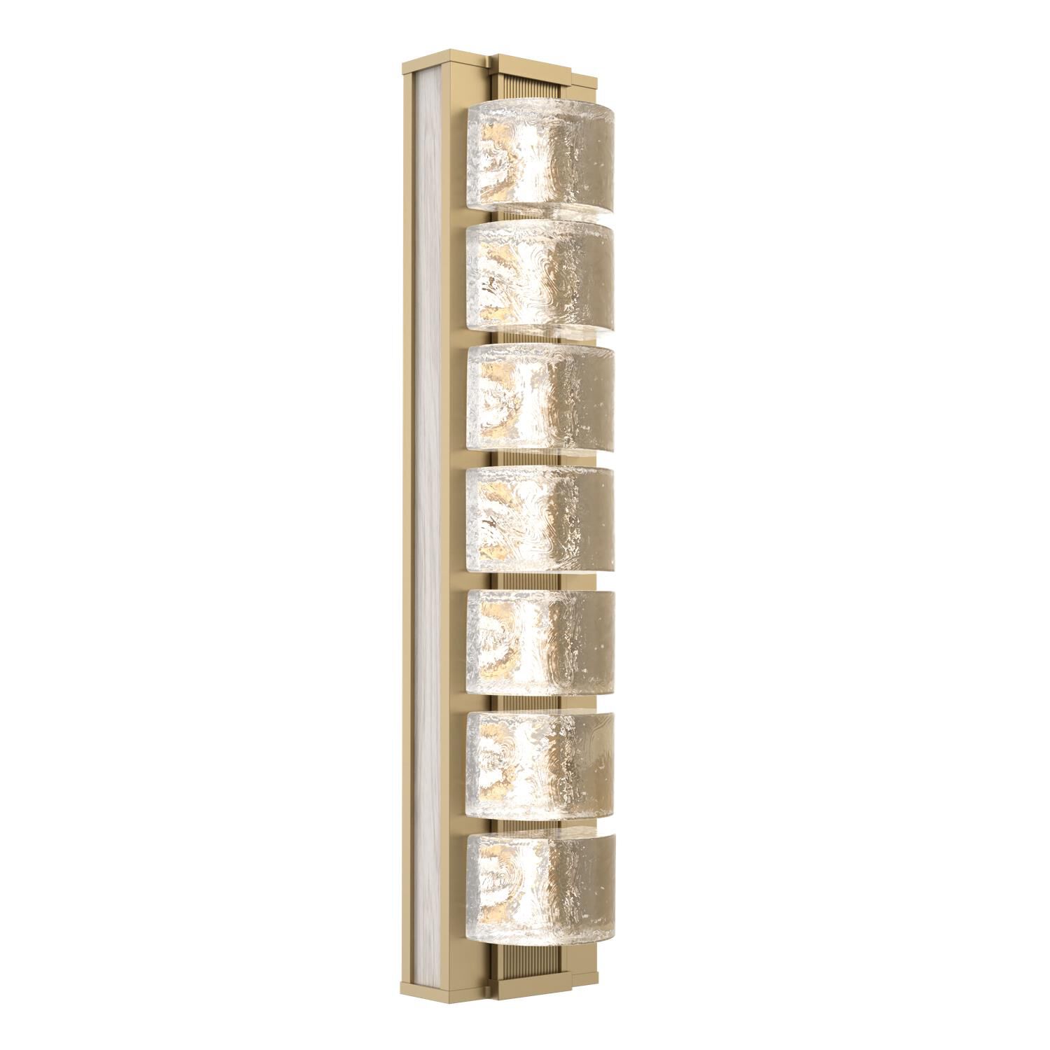 Shown in Gilded Brass finish and Clear Rounded glass and Light Oak accent