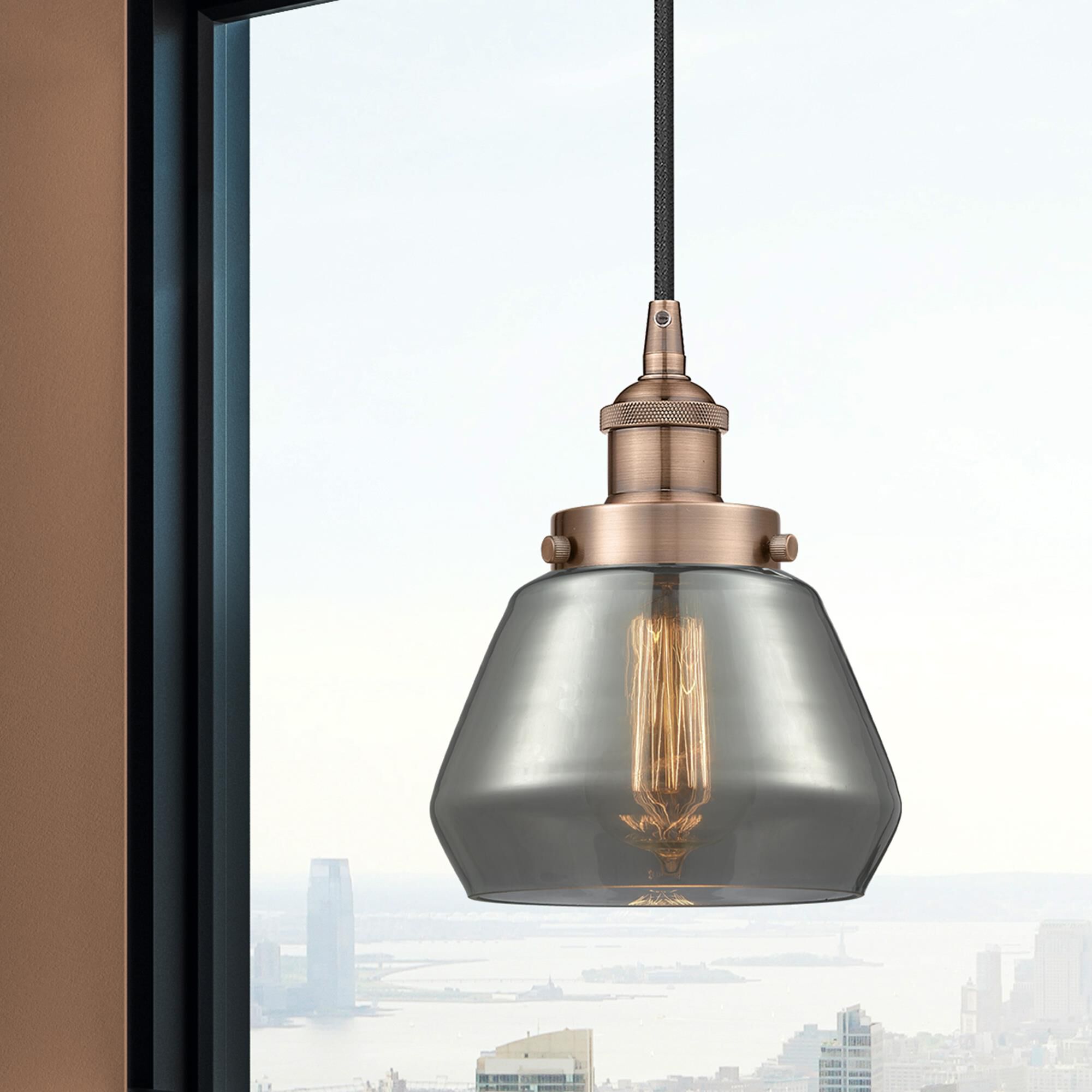 Shown in Antique Copper finish and Plated Smoke glass