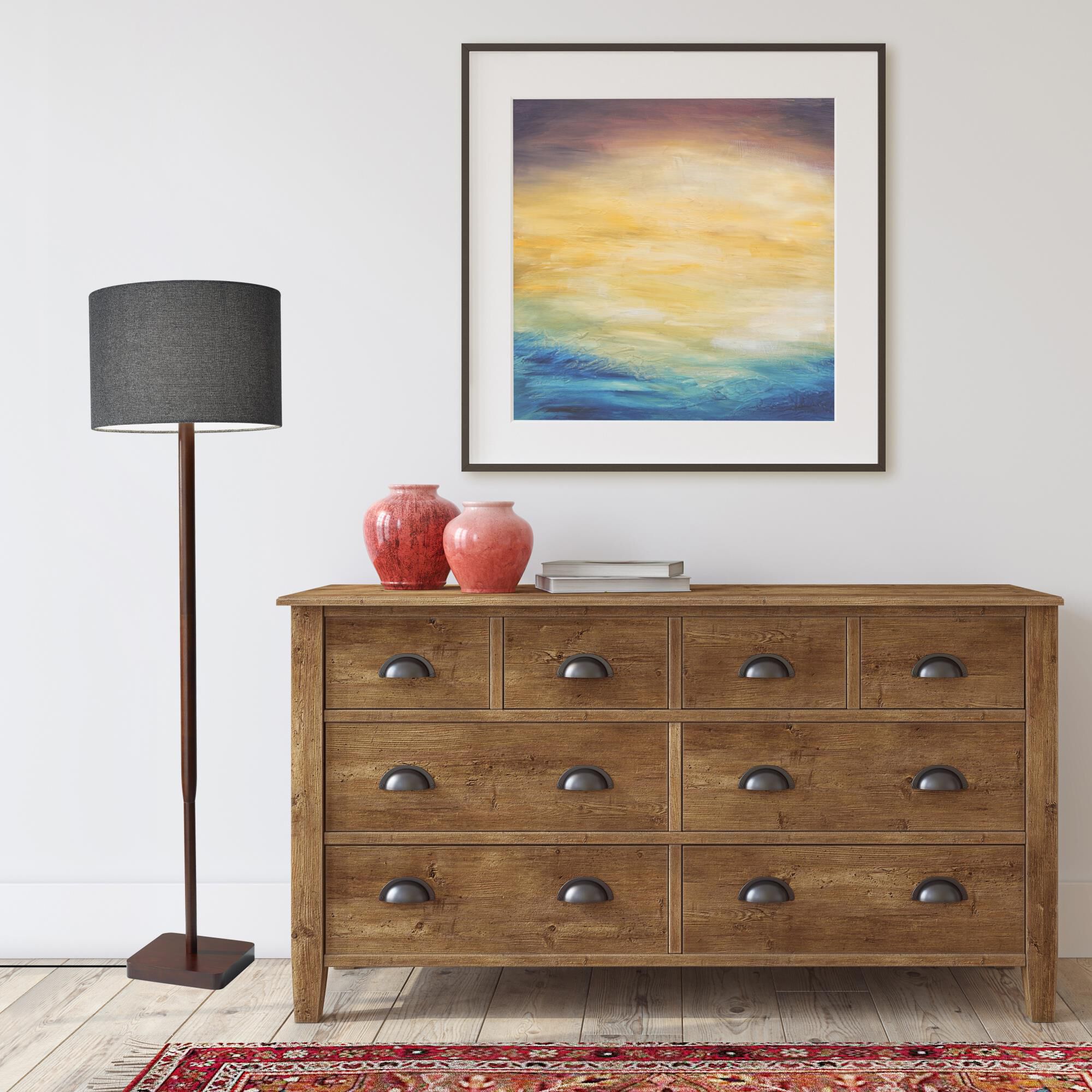 Shown in Walnut Rubber Wood finish and Dark Grey Textured Fabric shade