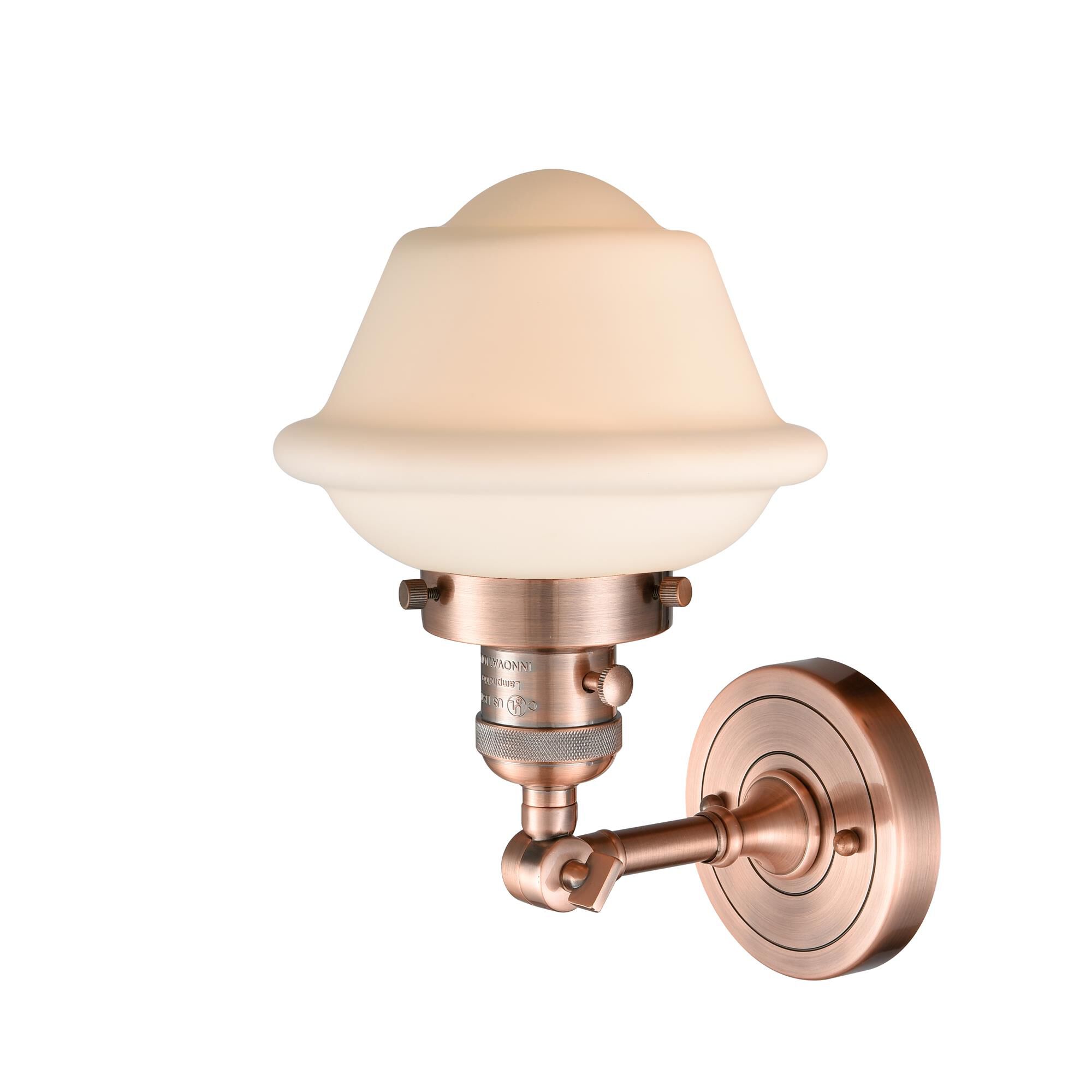 Shown in Antique Copper finish and Matte White Cased glass and Switch on Socket accent
