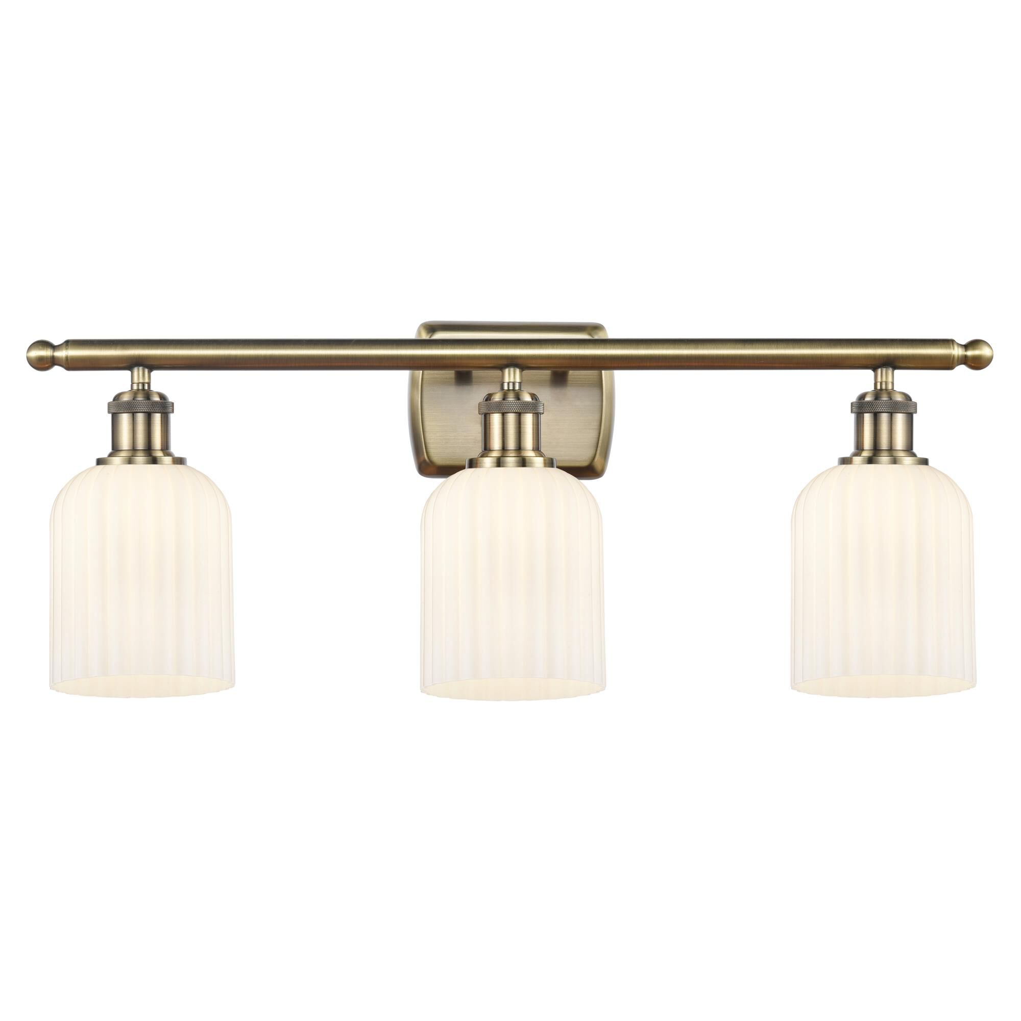 Shown in Antique Brass finish and Gloss White shade