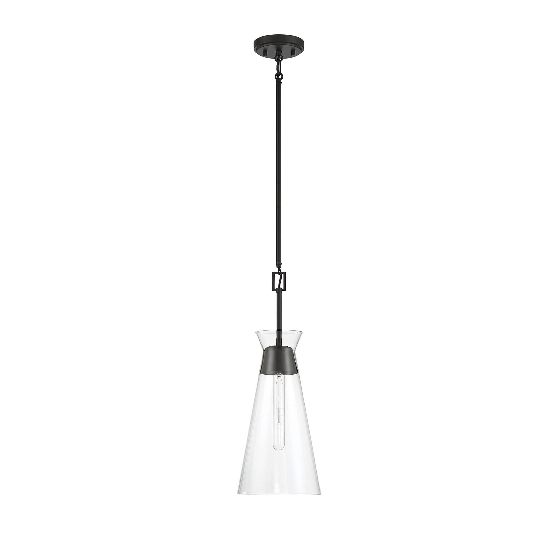 Shown in Matte Black finish and Clear glass and Glass shade