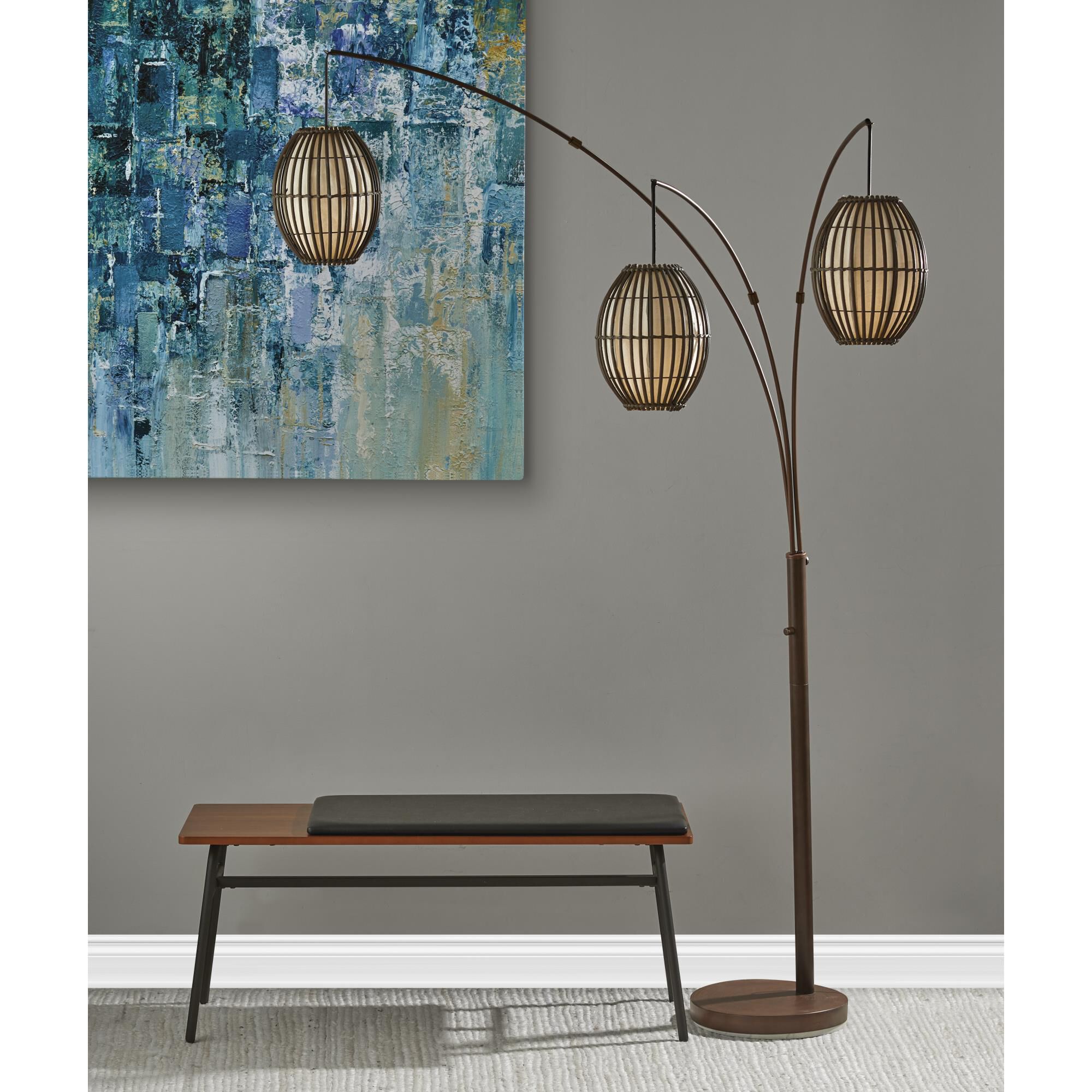 Shown in Antique Bronze finish and Cane Stick-Lined with Fabric shade