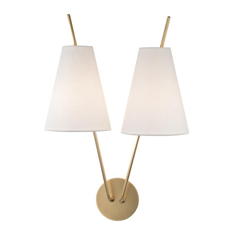 Shown in Aged Brass finish and White Linen shade