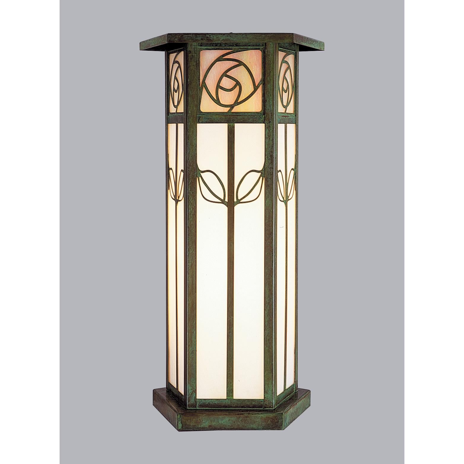Shown in Verdigris Patina finish and Gold White Iridescent-White Opalescent Combination glass