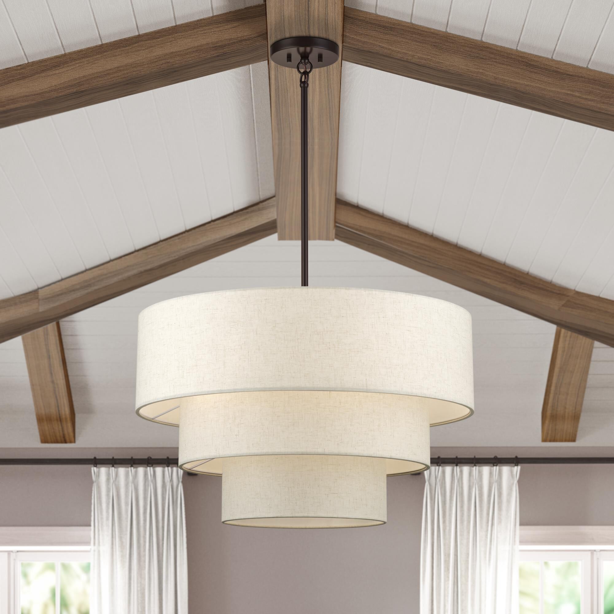 Shown in English Bronze finish and Hand Crafted Oatmeal Color Fabric with White Color Inside shade