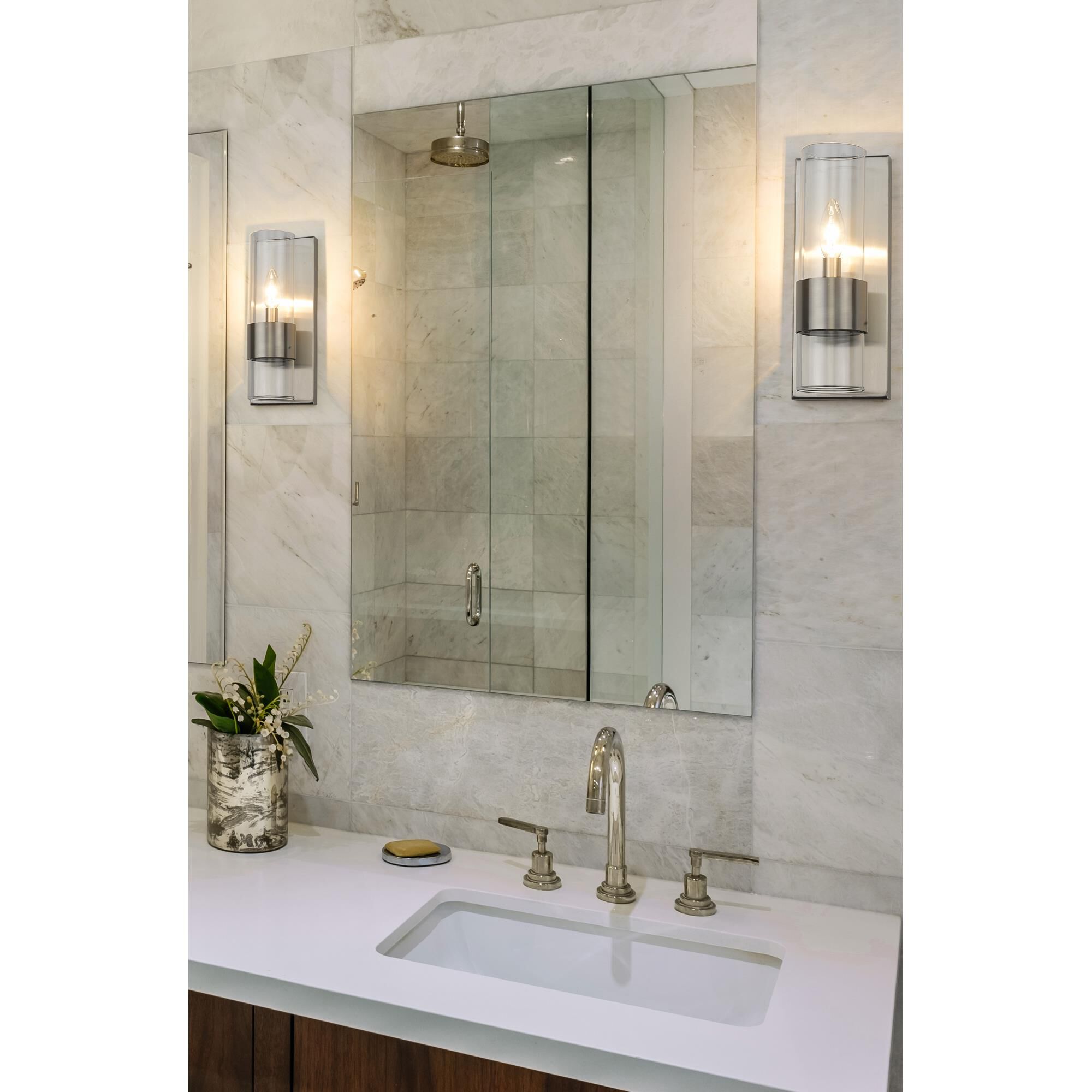 Shown in Brushed Nickel finish and Clear glass and Clear shade