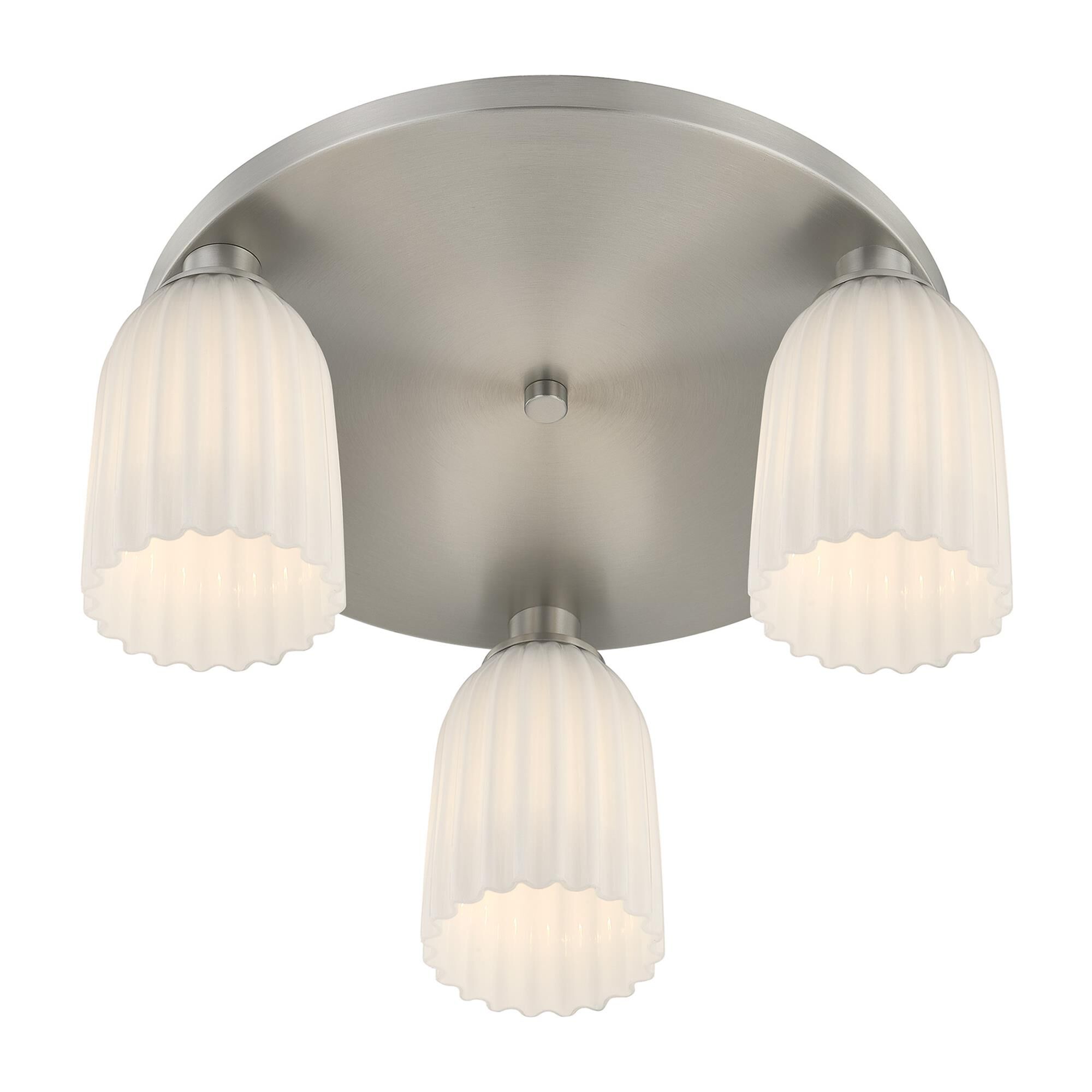 Shown in Satin Nickel finish and White Opal Ribbed glass