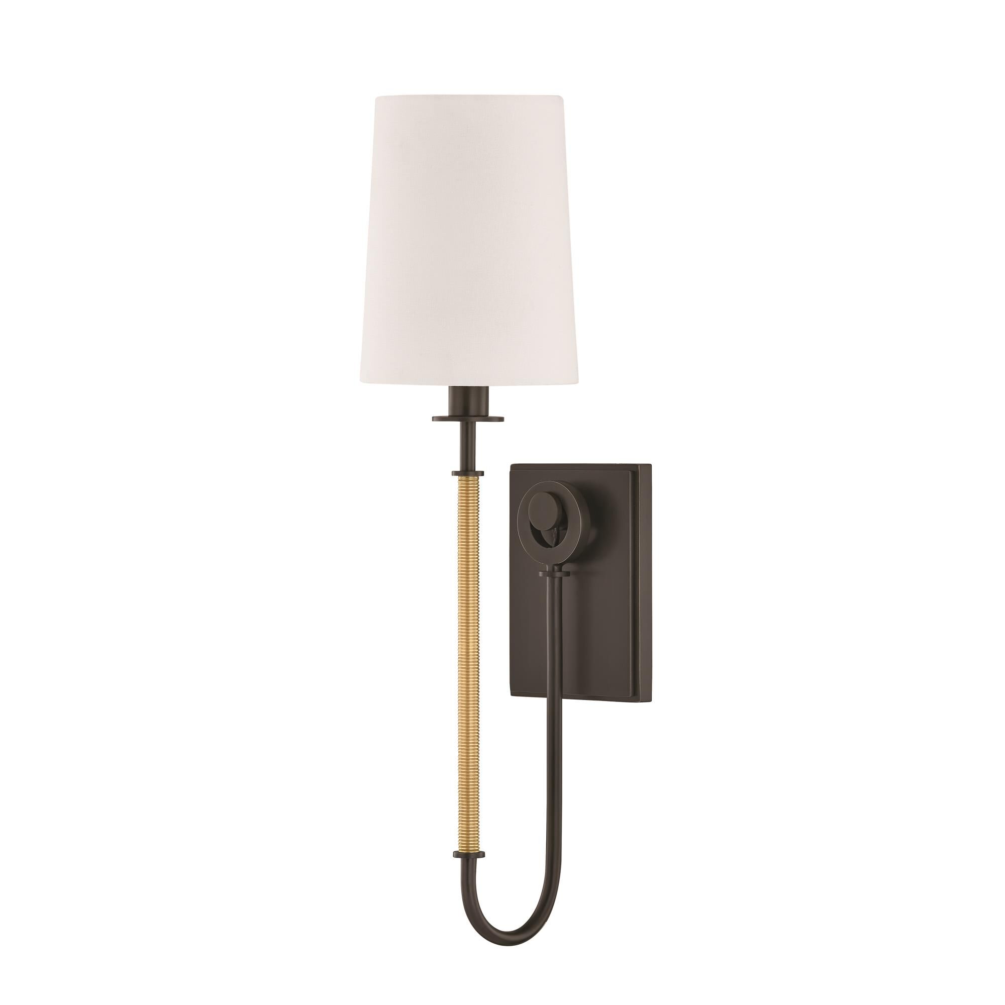 Shown in Aged Brass and Distressed Bronze finish and White Linen shade