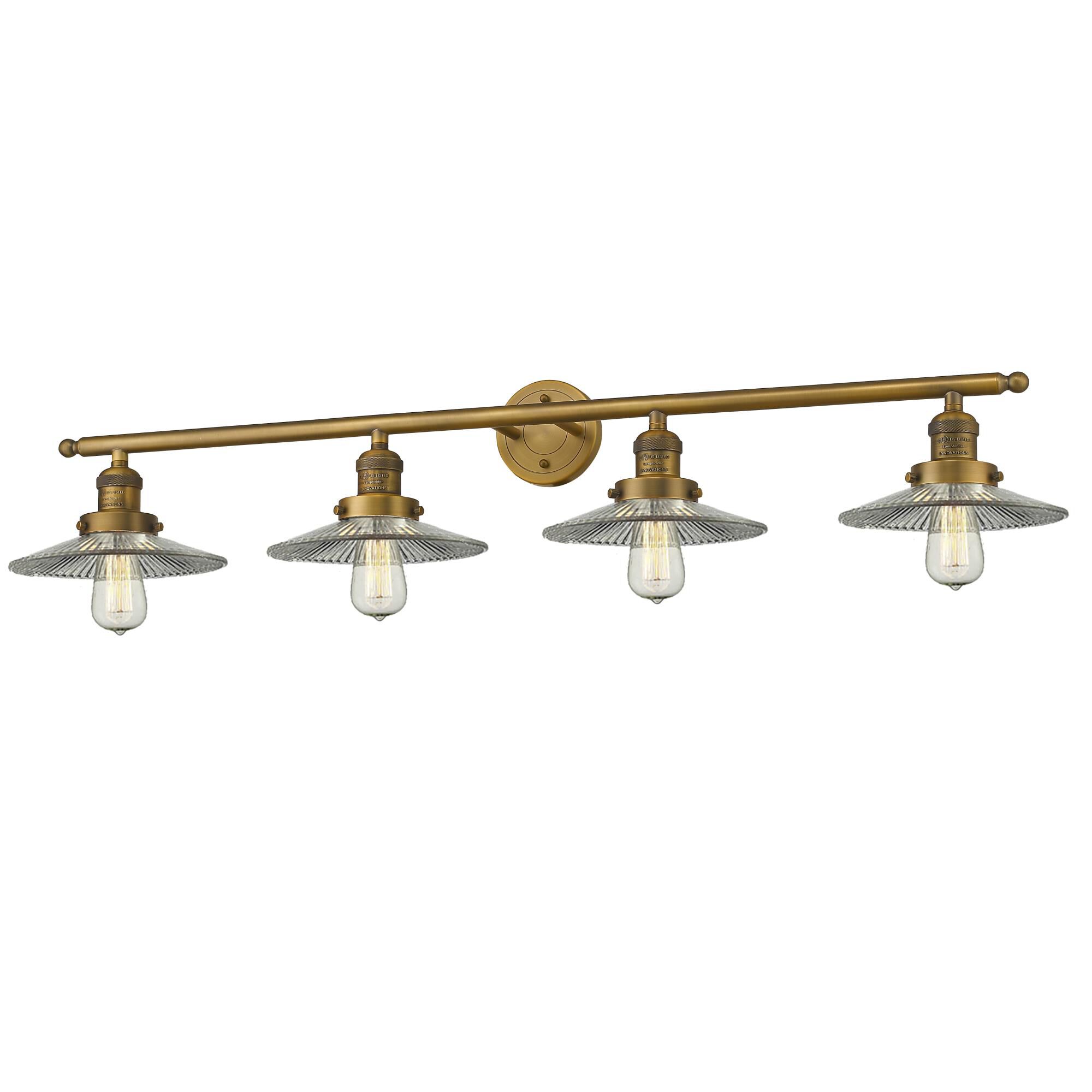 Shown in Brushed Brass finish and Clear Halophane glass