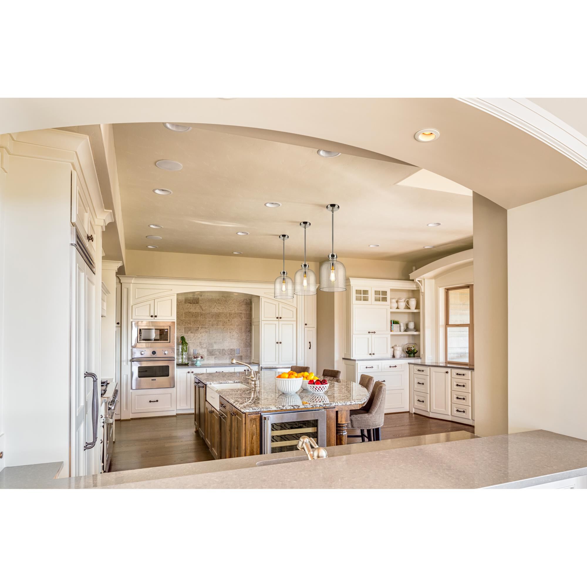 Shown in Brushed Nickel finish and Clear Seedy glass and No Shade shade