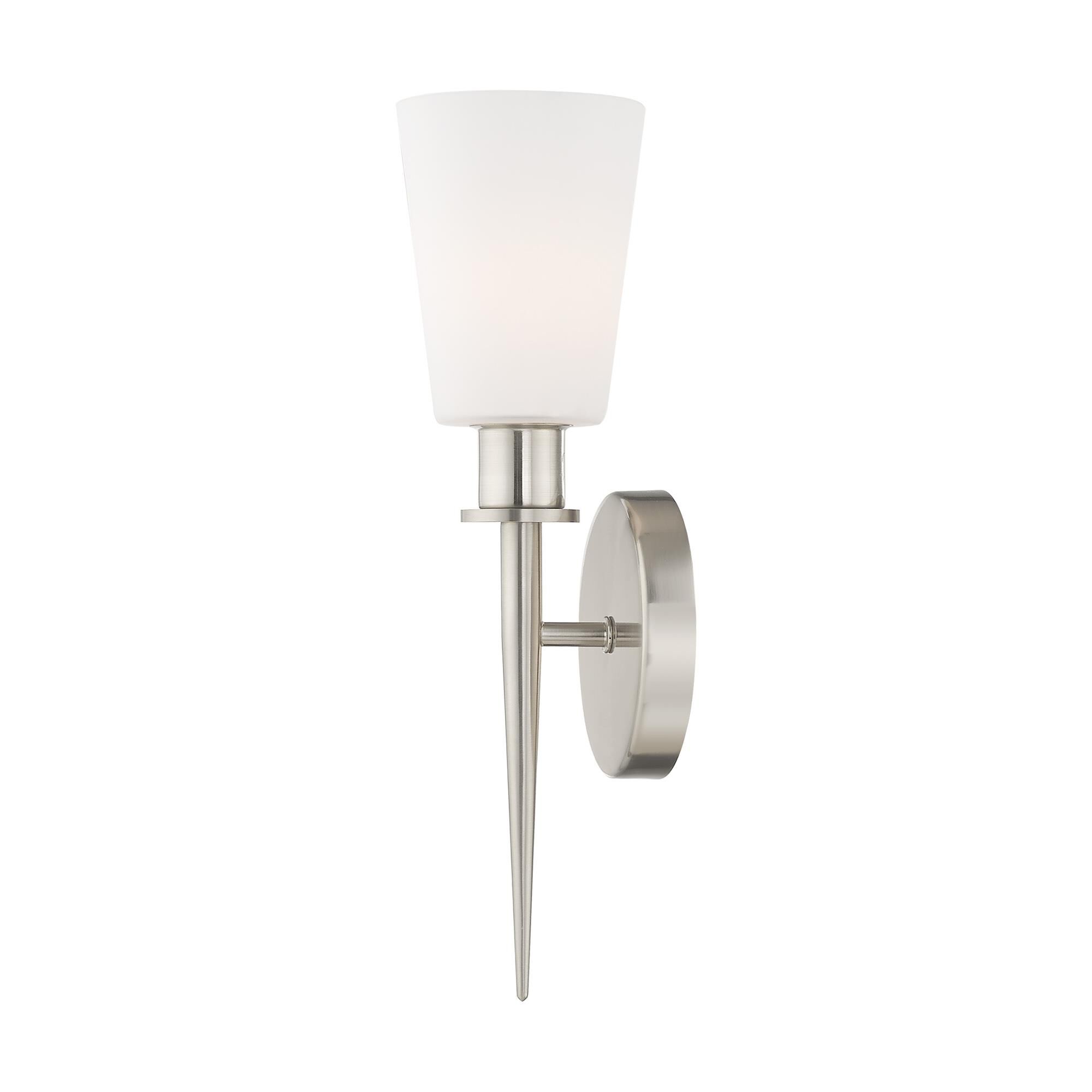 Shown in Brushed Nickel finish and Hand Blown Opal White glass