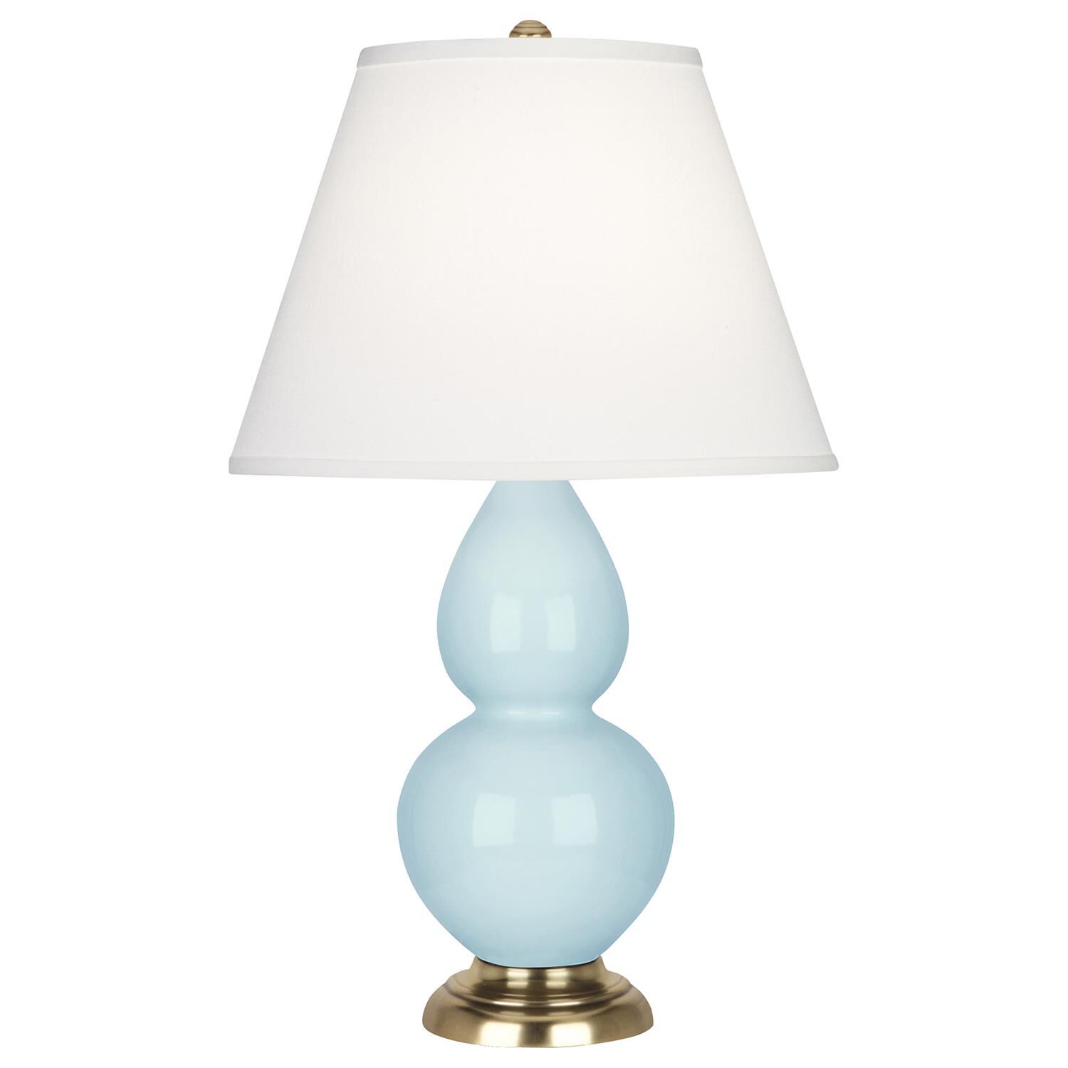 Shown in Baby Blue Glazed Ceramic With Antique Natural Brass ed Accents finish and Pearl Dupioni Fabric shade