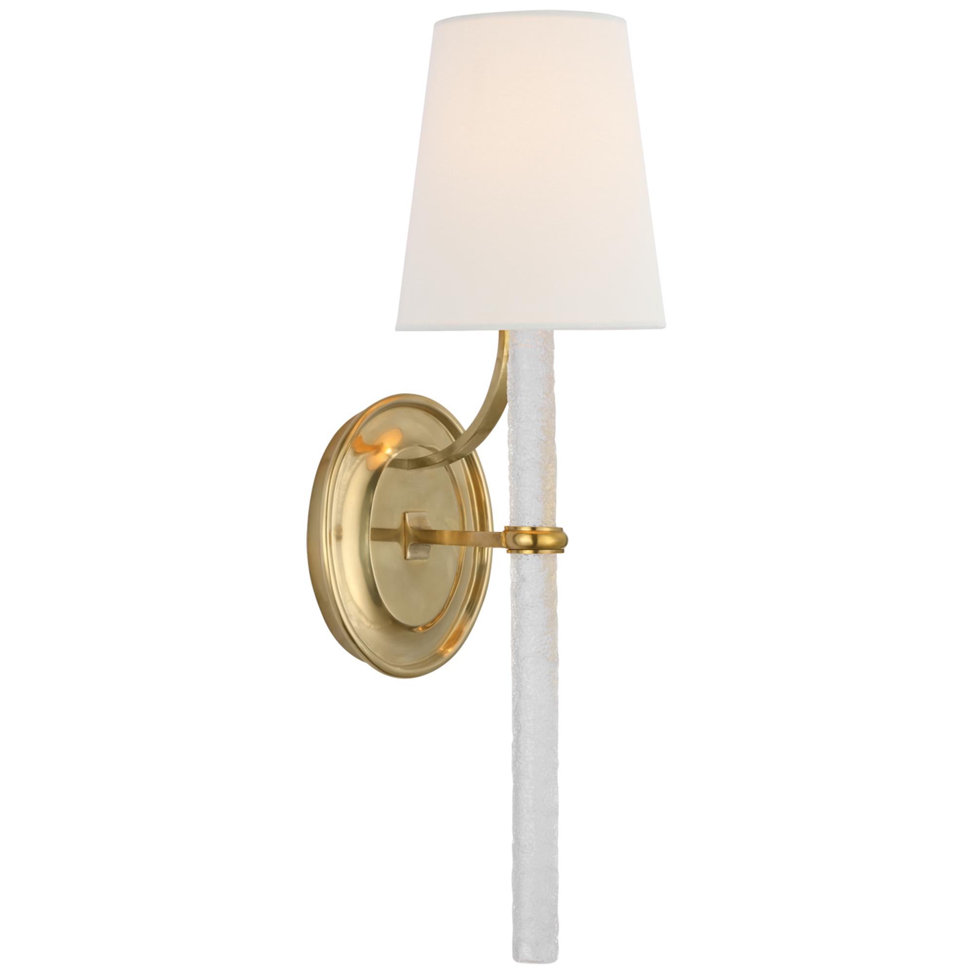 Shown in Soft Brass finish and Clear Wavy glass and Linen shade