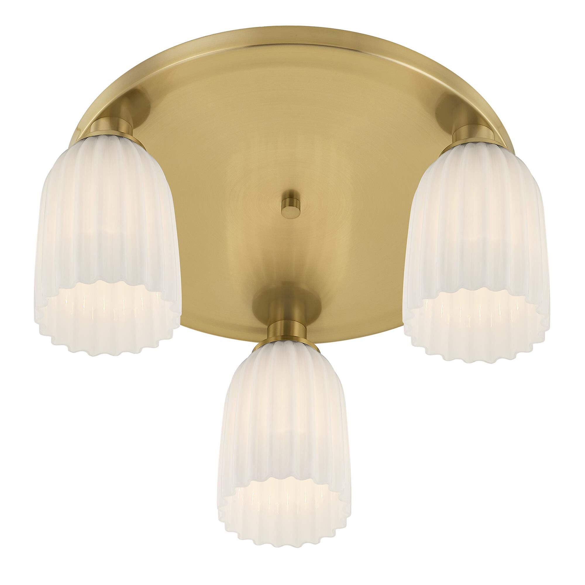 Shown in Noble Brass finish and White Opal Ribbed glass