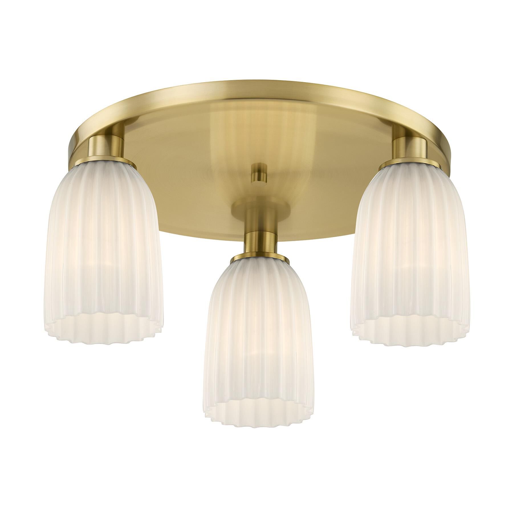 Shown in Noble Brass finish and White Opal Ribbed glass