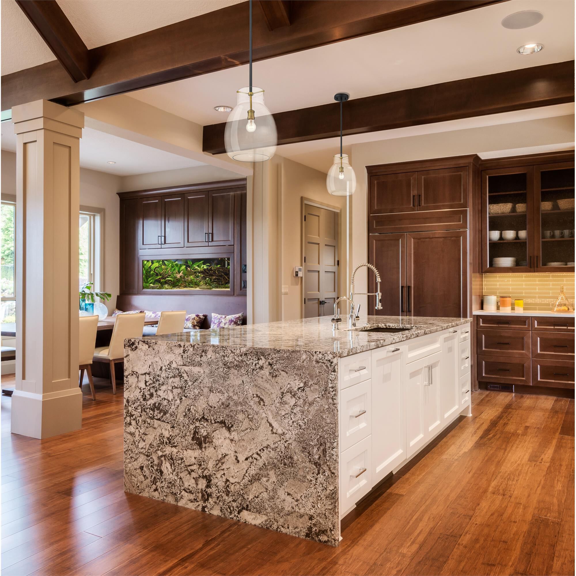 Shown in Matte Black + Olde Brass finish and Glass shade