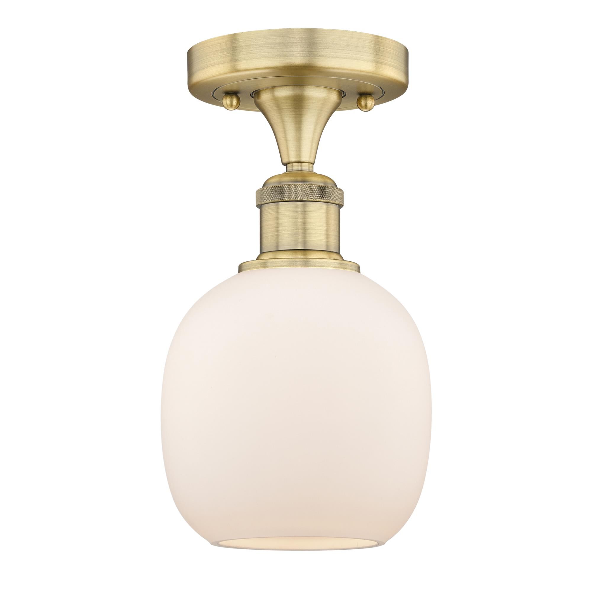 Shown in Brushed Brass finish and Matte White glass