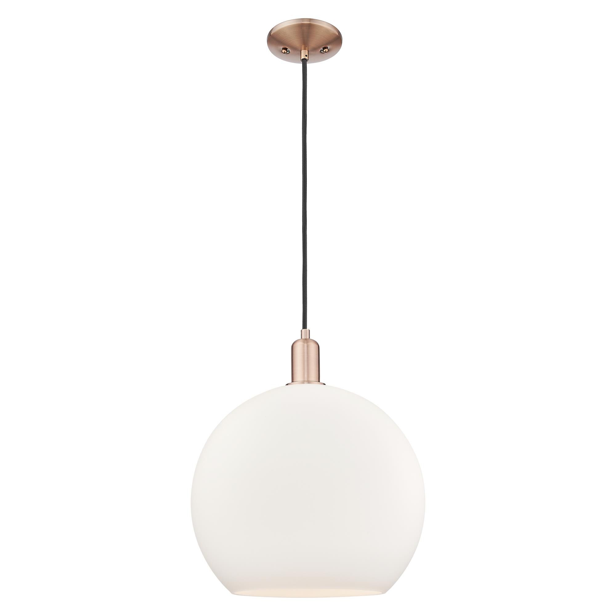 Shown in Antique Copper finish and Matte White glass