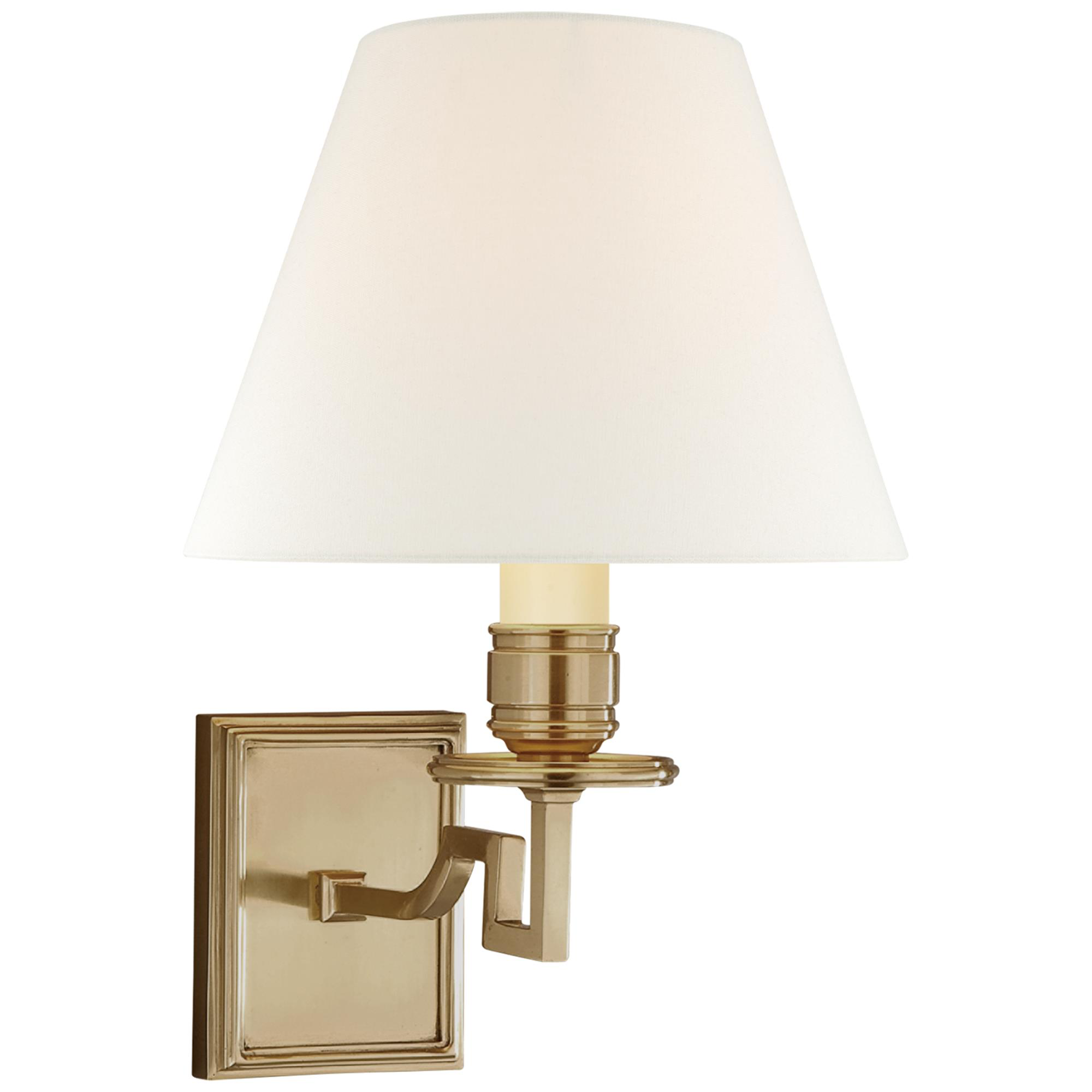 Shown in Natural Brass finish and Linen shade