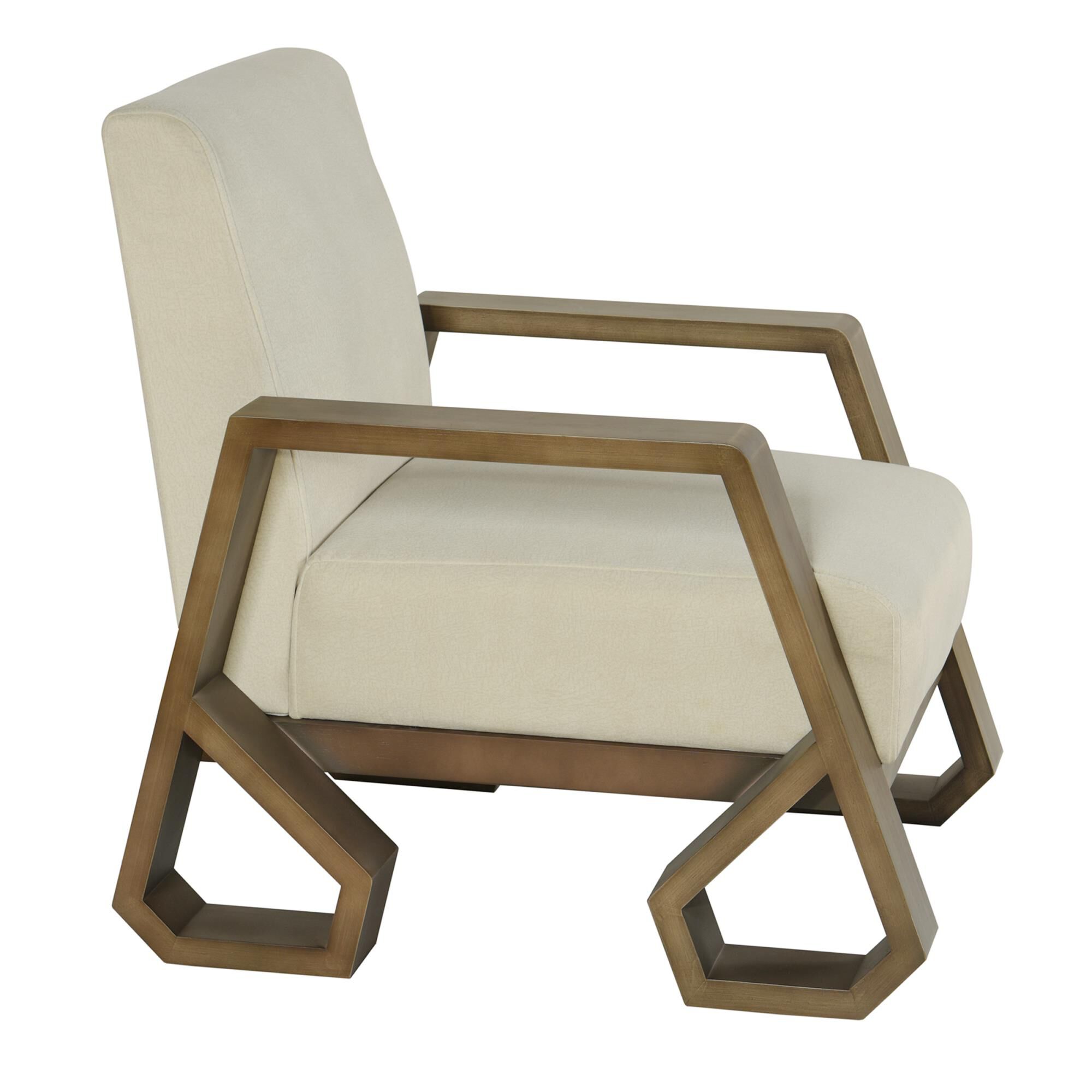 Accent chair with light upholstery and wood frame on a white background.
