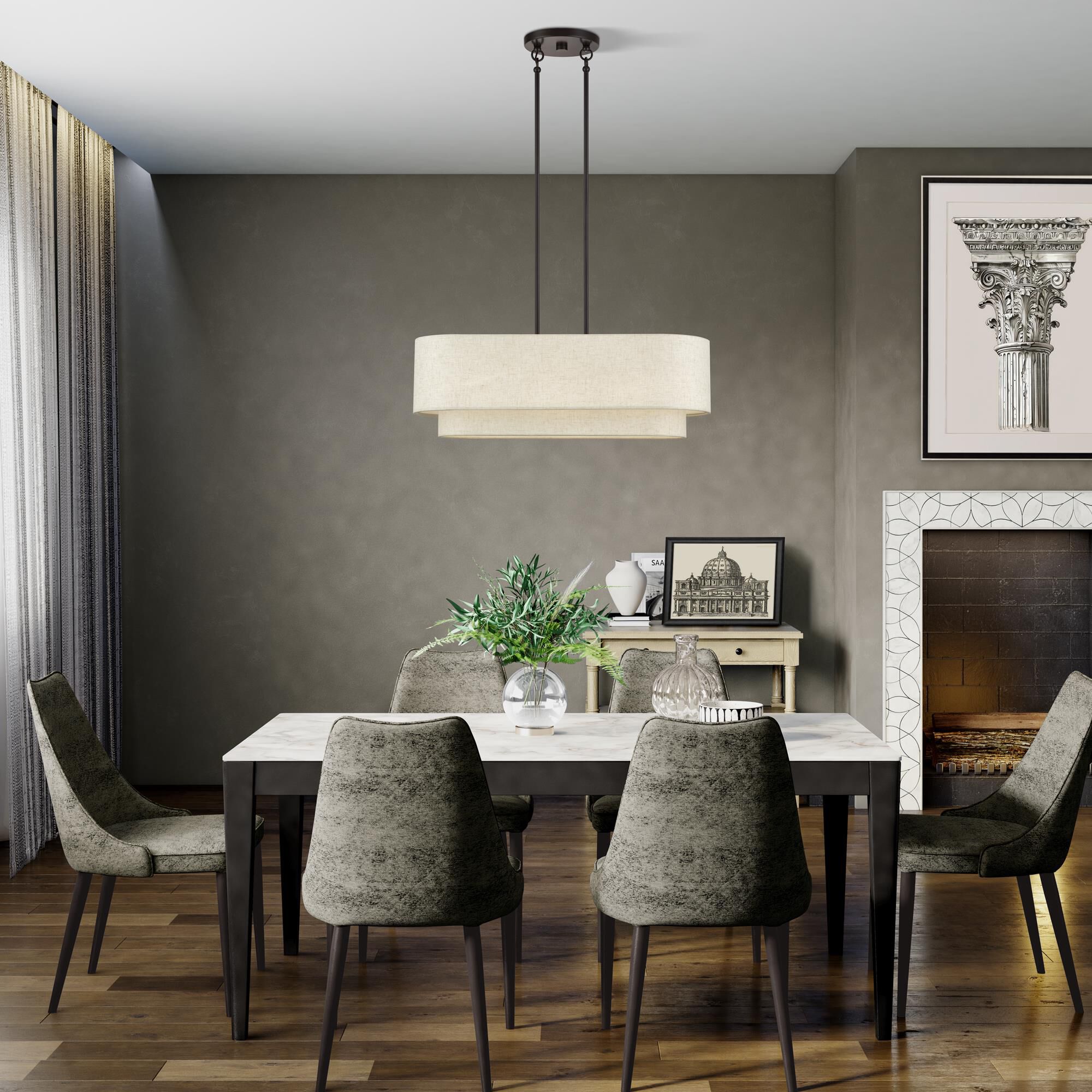 Shown in English Bronze finish and Hand Crafted Oatmeal Color Fabric with White Color Inside shade