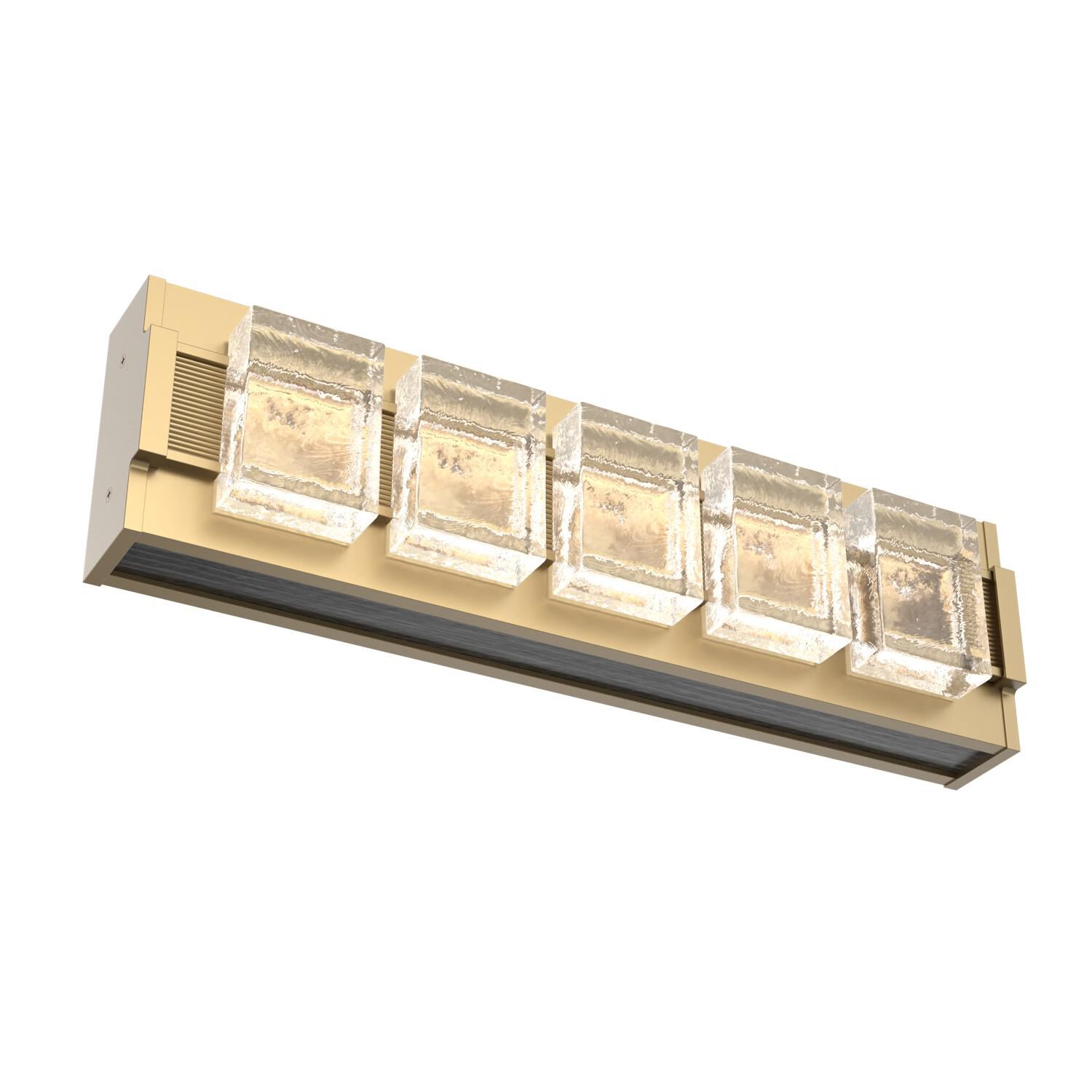 Shown in Gilded Brass finish and Smooth Seeded glass and Dark Oak accent