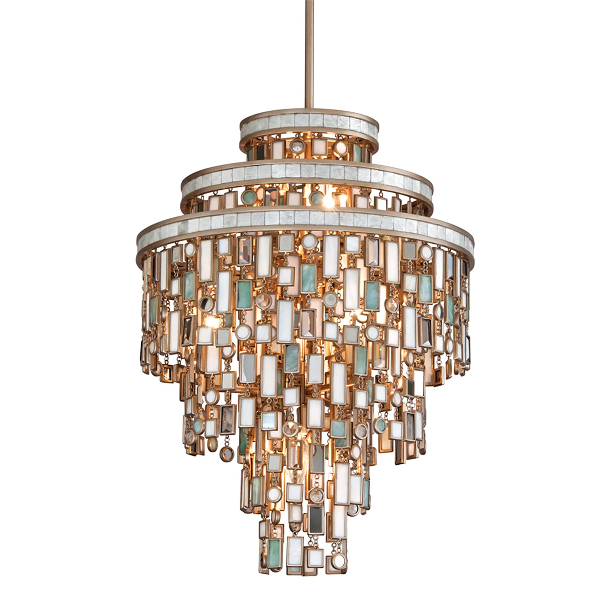 Shown in Dolcetti Silver finish and Mixed glass and Shells, Crystal, Stainless shade and Mixed Shells with Crystal and Stainless Accents accent
