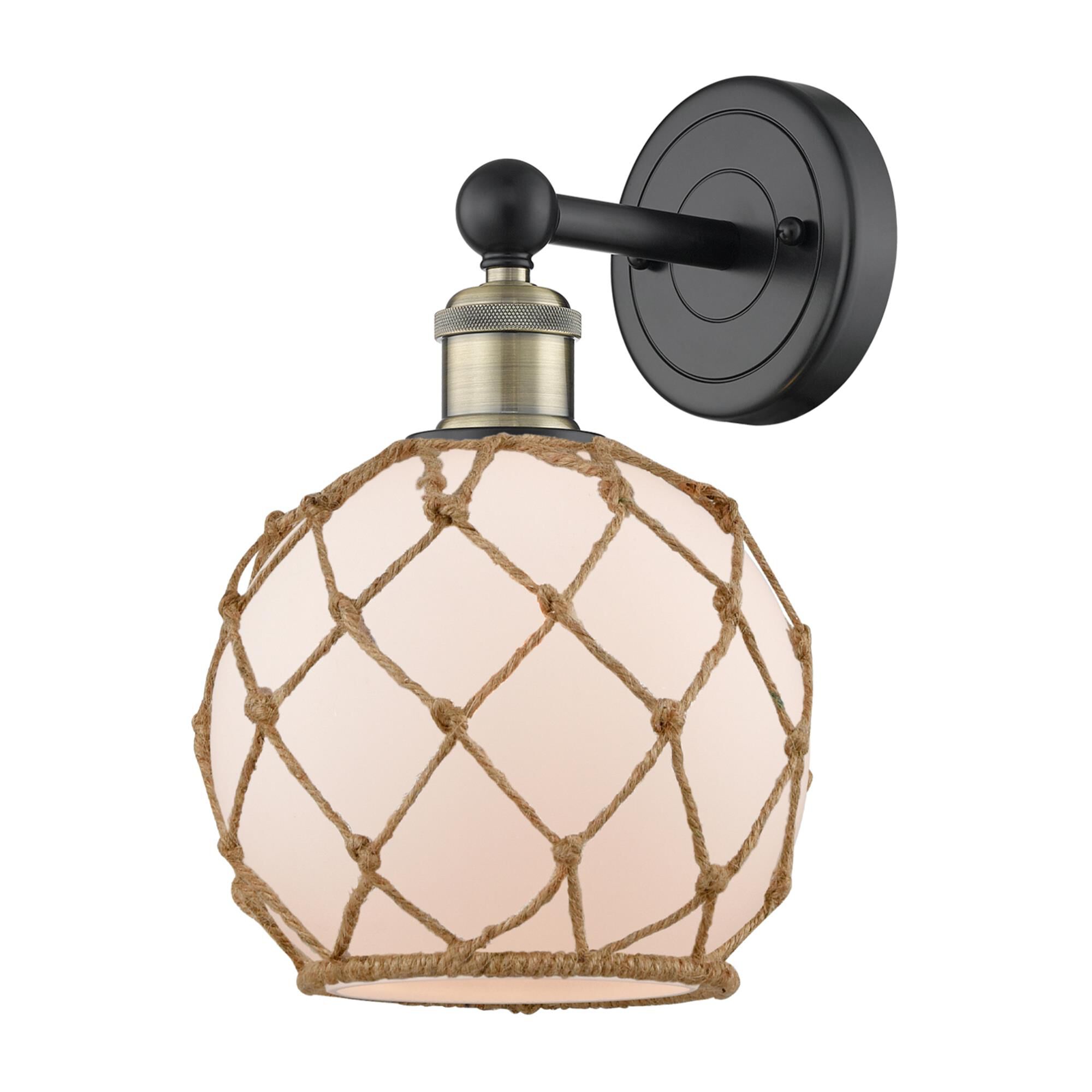 Shown in Black Antique Brass finish and White with Brown Rope glass