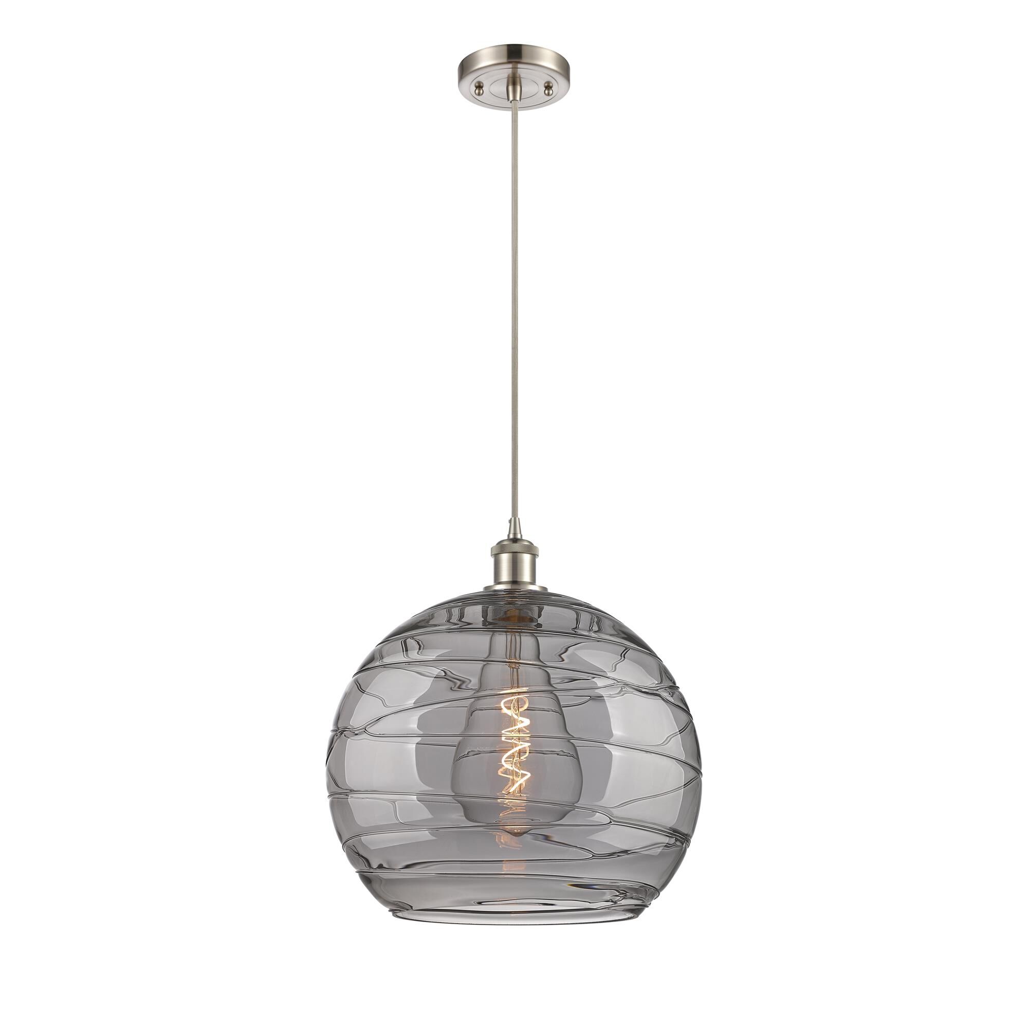 Shown in Brushed Satin Nickel finish and Light Smoke Deco Swirl glass
