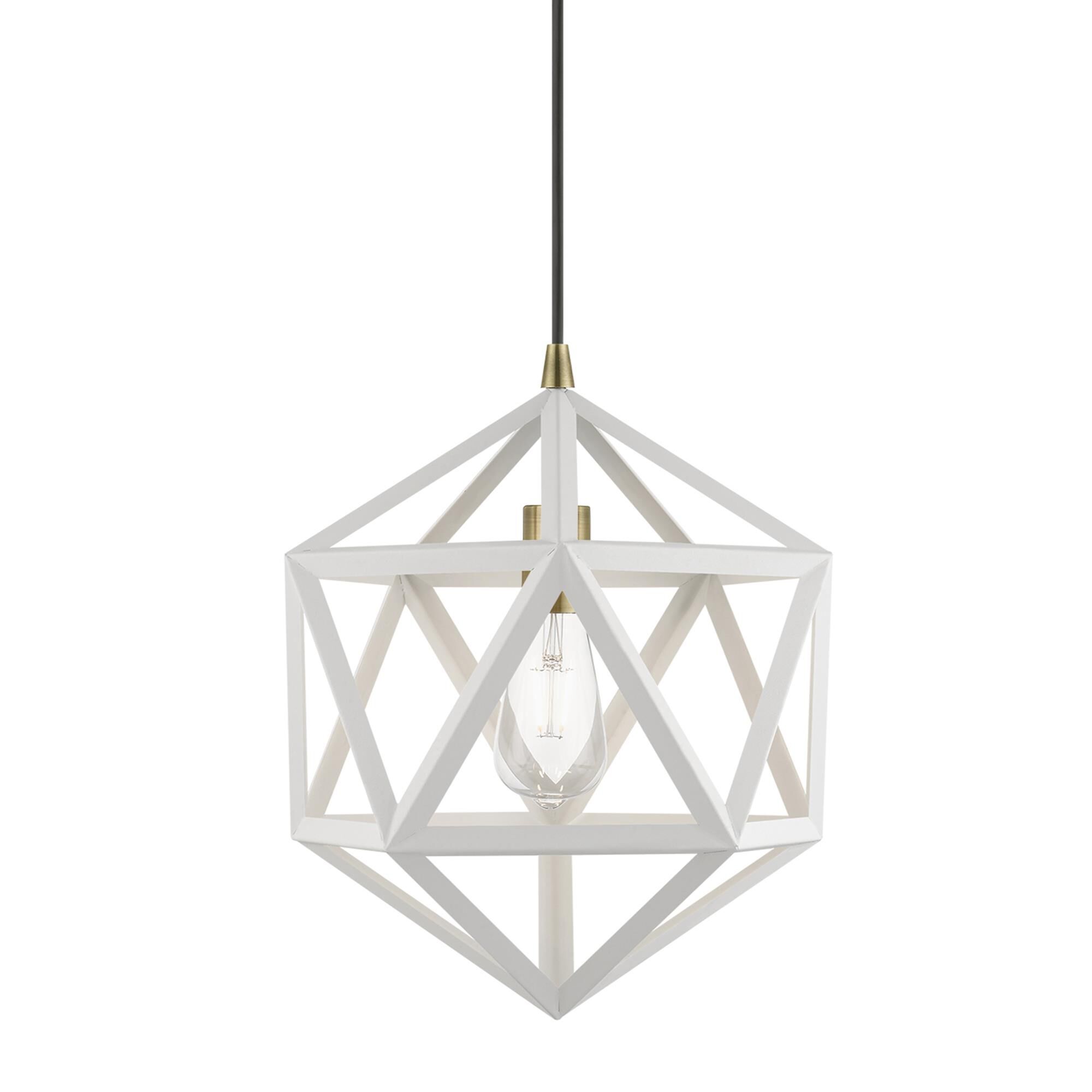 Shown in Textured White with Antique Brass Accents finish and Textured White Metal shade