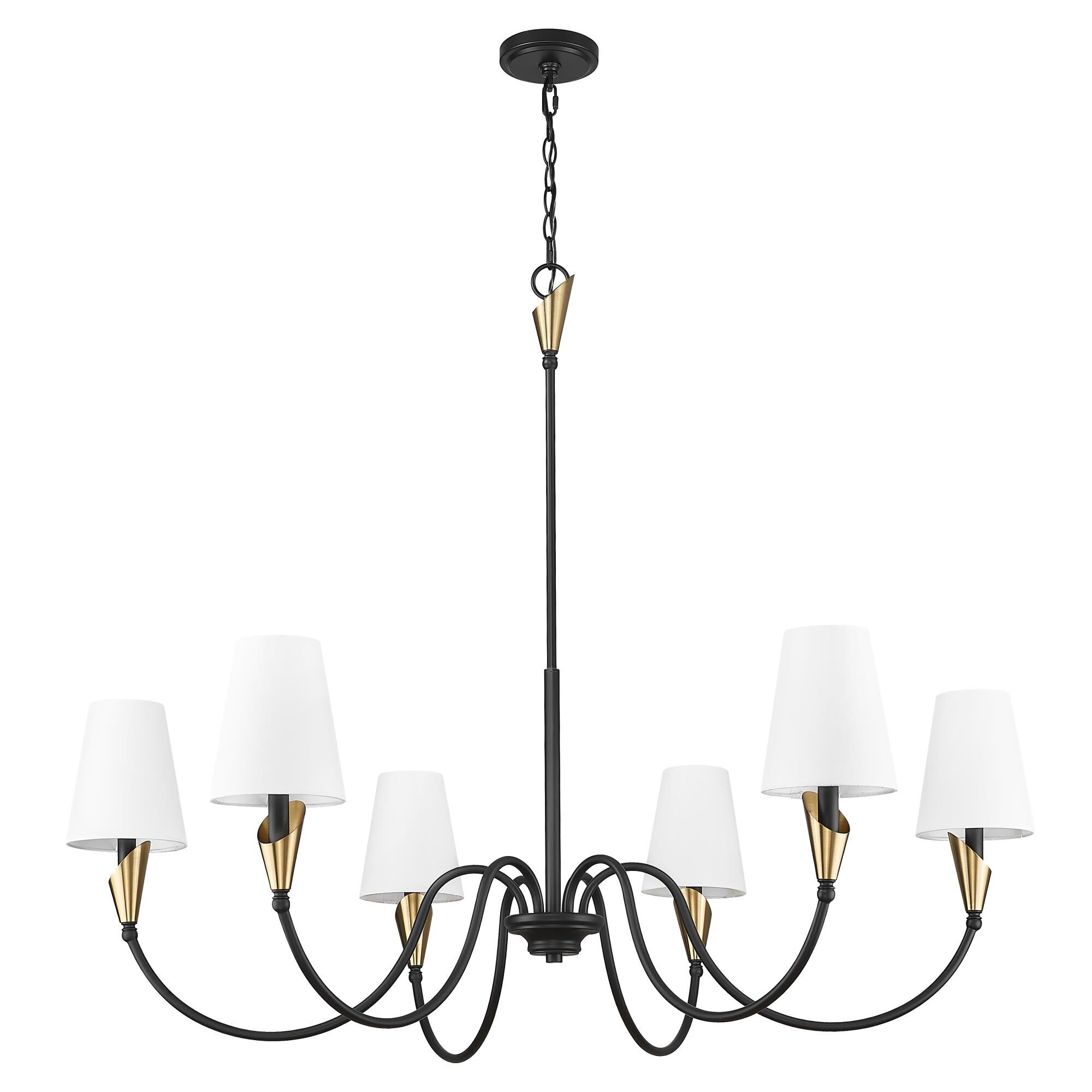 Shown in Matte Black And Modern Gold finish and White glass and White shade
