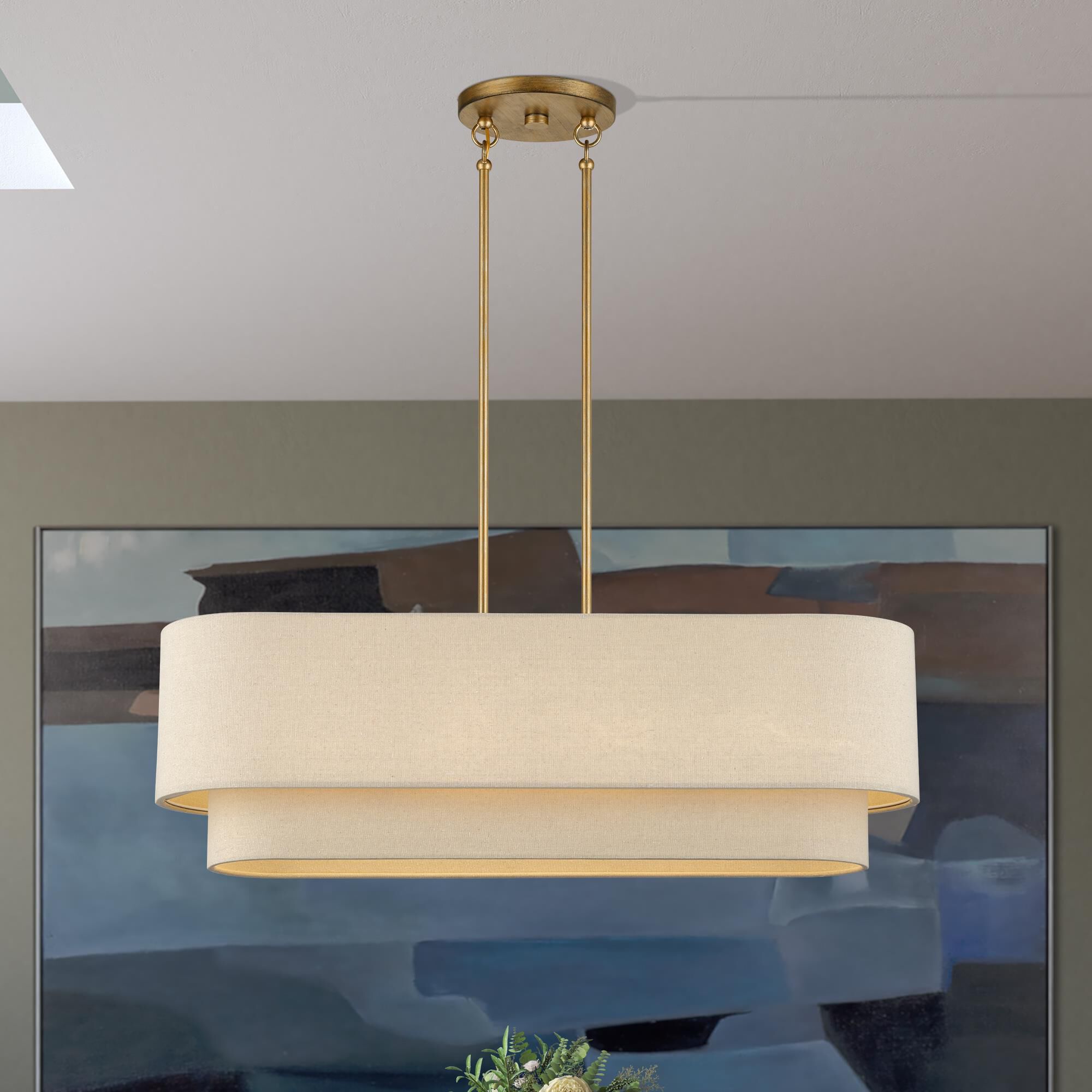 Shown in Antique Gold Leaf finish and Hand Crafted Parchment Color Hardback Fabric shade