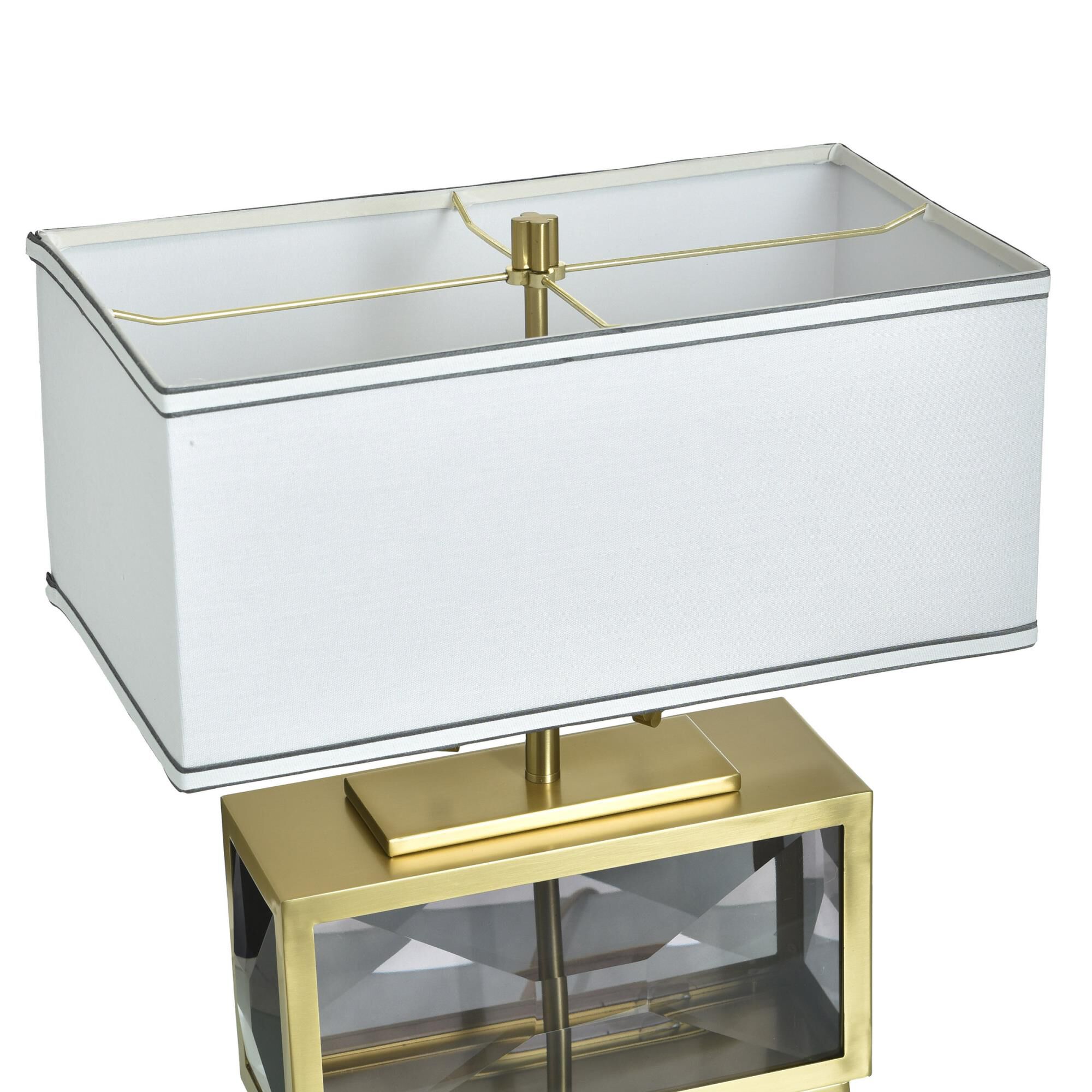 Shown in Polished Brass and Smoke Gray finish and Off-White With Black Double-Lined Trim shade