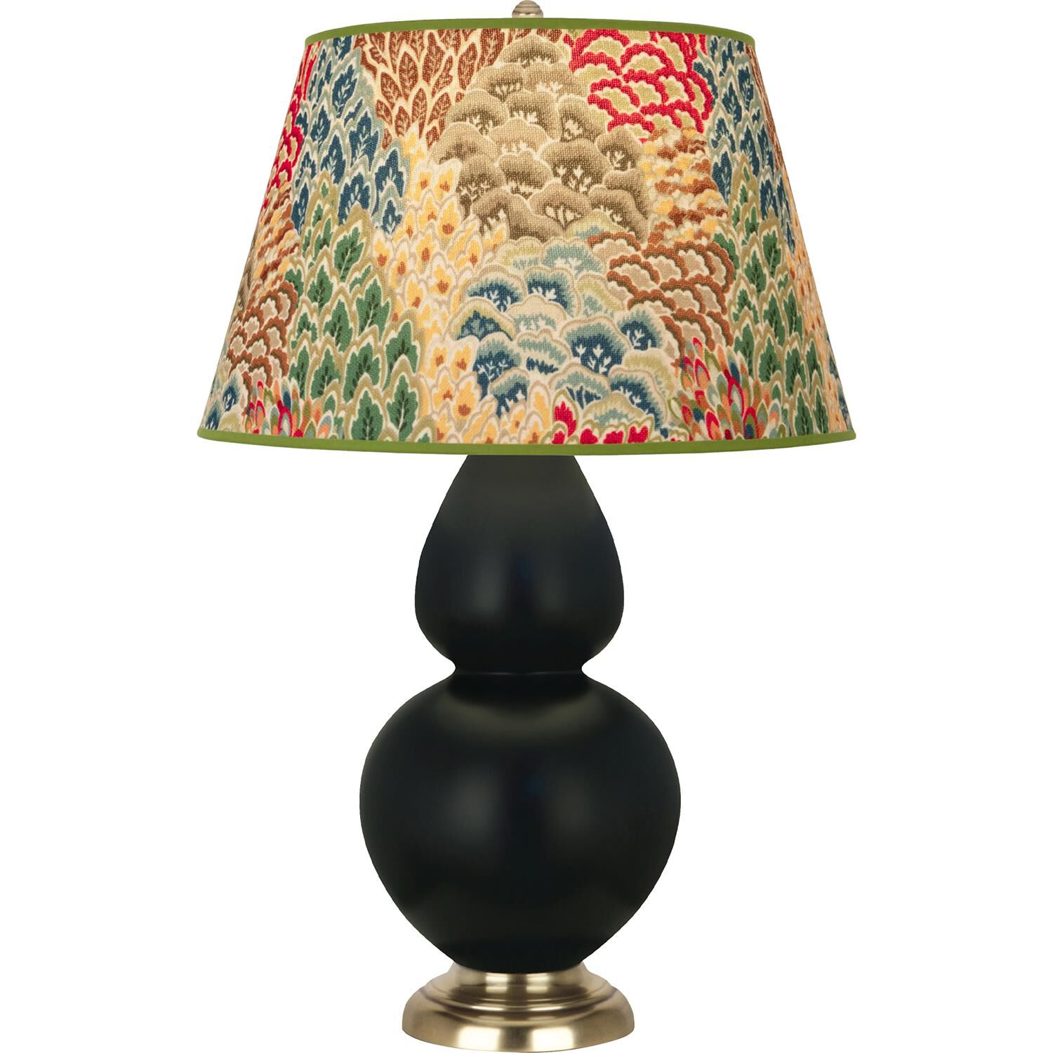 Shown in Matte Obsidian finish and Fall Floral shade and Antique Natural Brass accent
