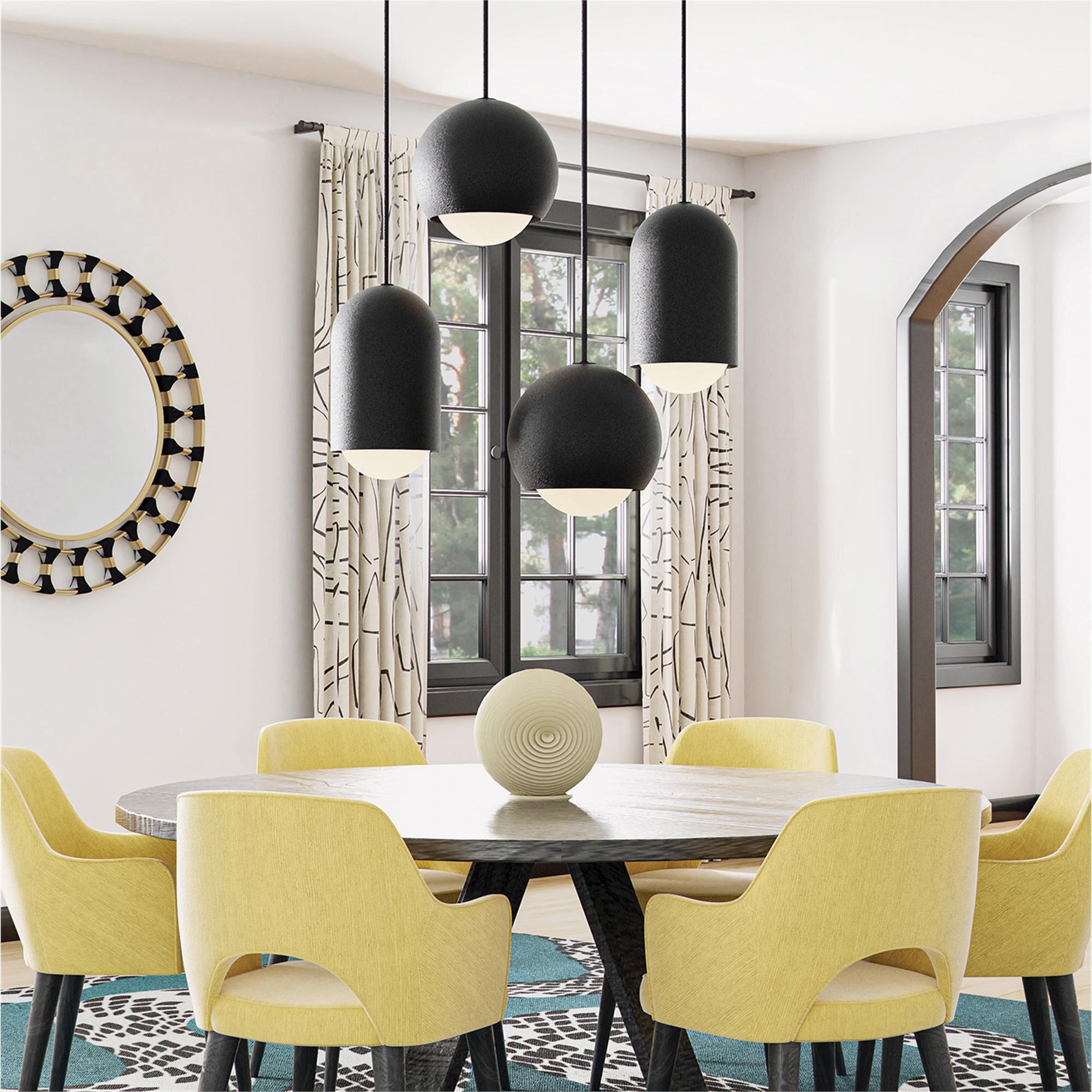 Shown in Black Iron finish and Soft White glass