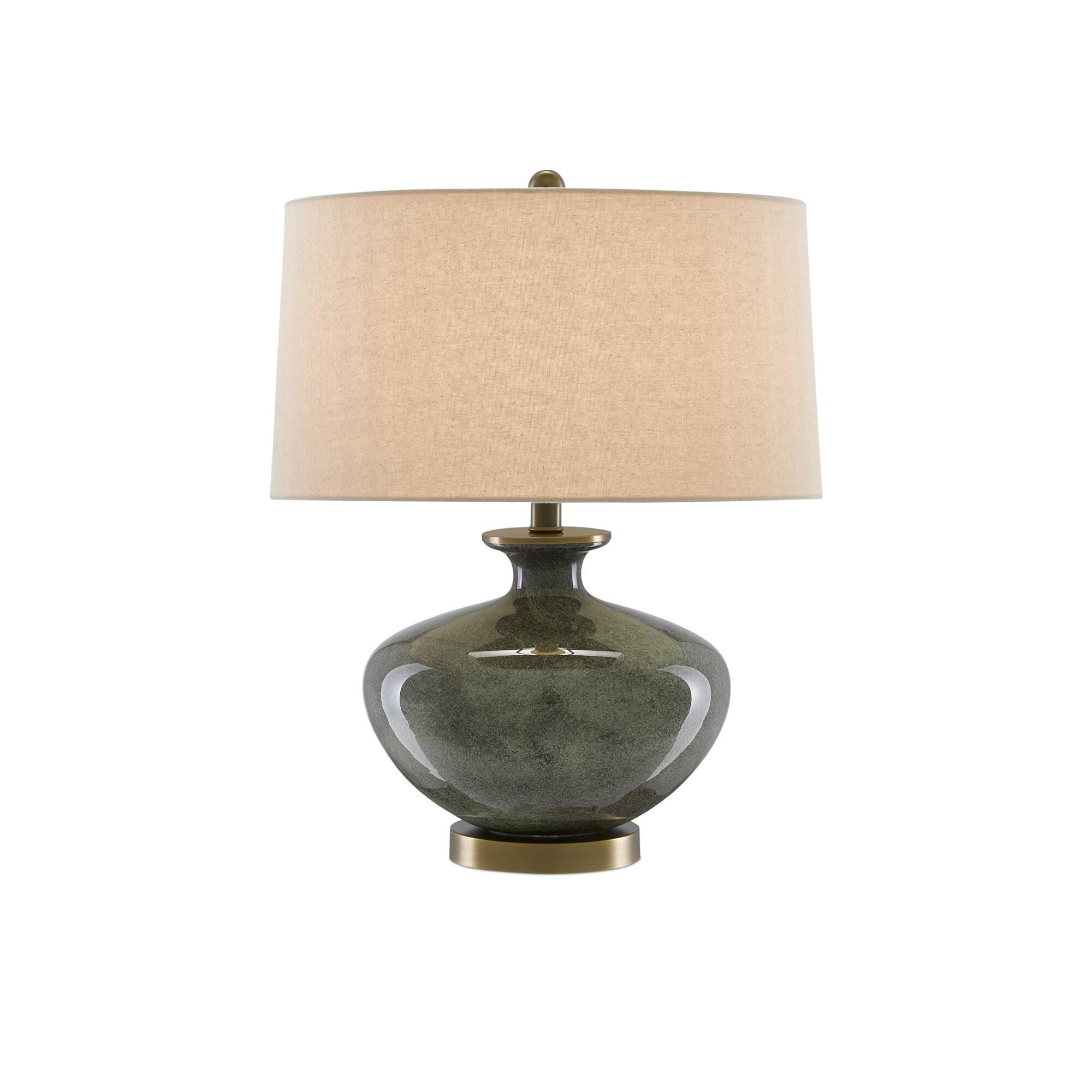 Shown in Dark Gray - Moss Green - Antique Brass finish and Natural Linen shade