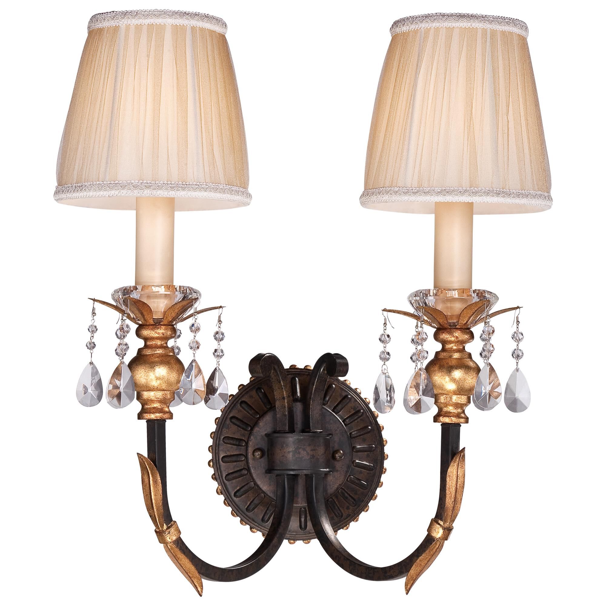 Shown in French Bronze With Gold Highlights finish and Eidolon Krystal crystal and Pleated Champagne glass and Fabric shade