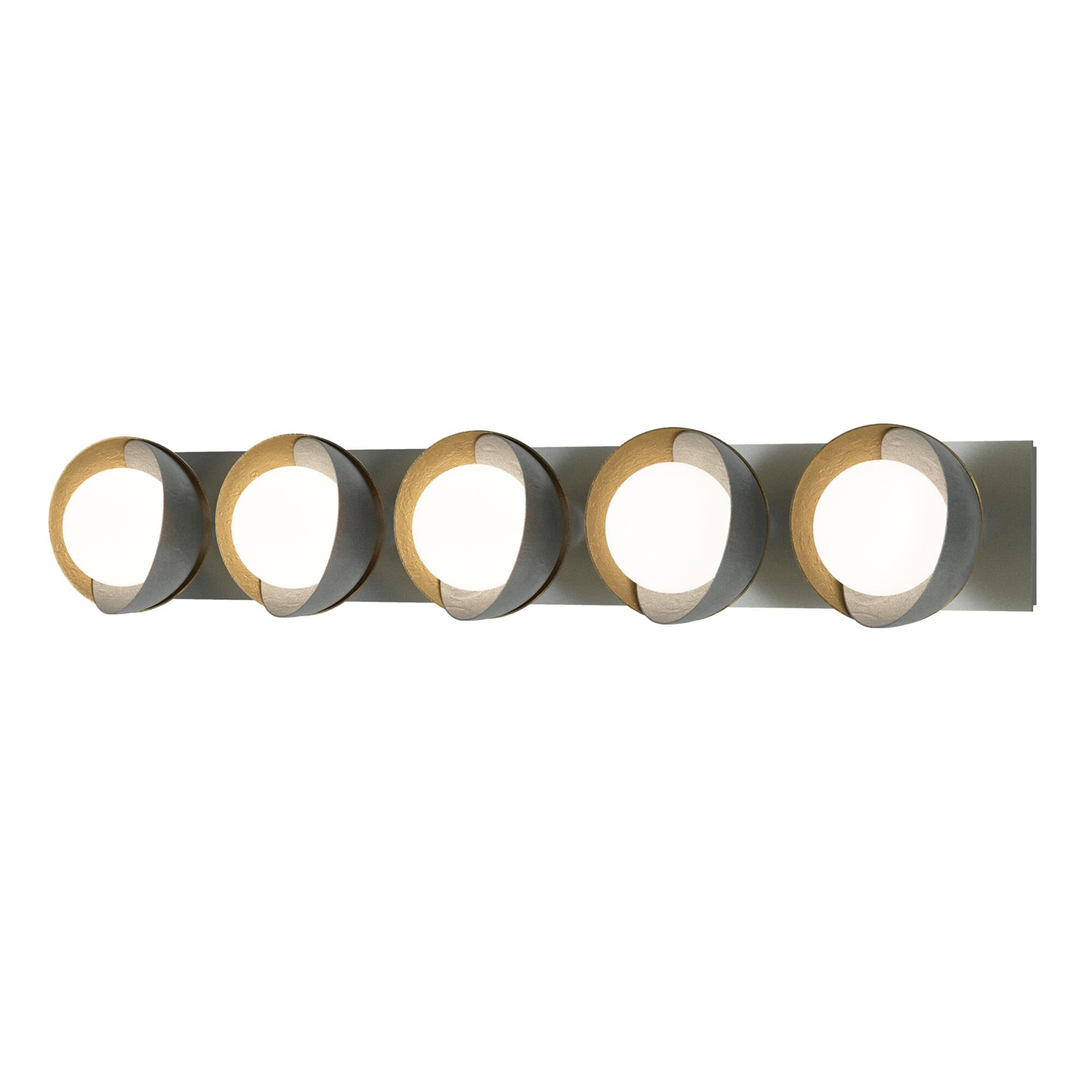 Shown in Vintage Platinum finish and Opal glass and Modern Brass (86) accent