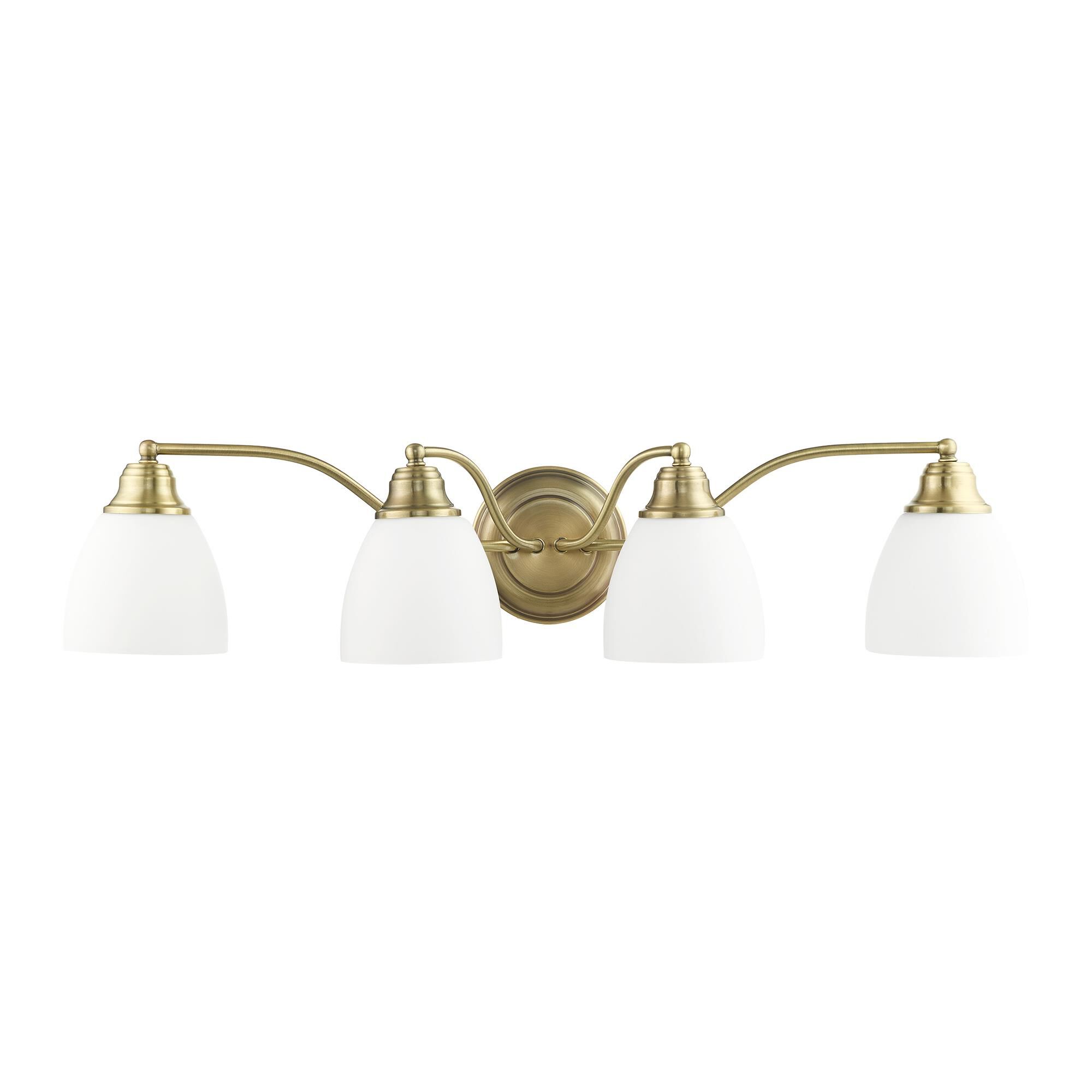 Shown in Antique Brass finish and Hand Blown Satin Opal White glass