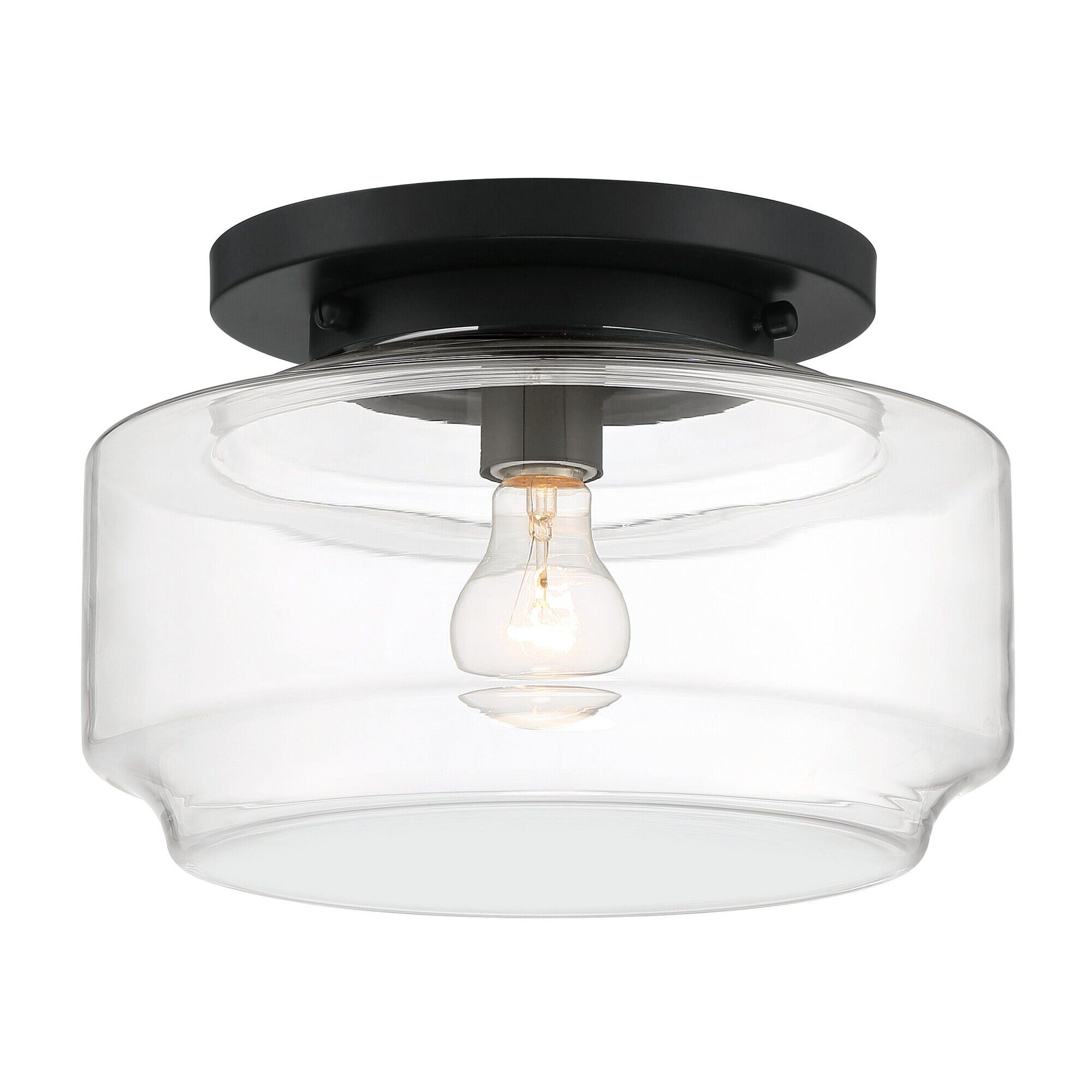 Shown in Flat Black finish and Clear glass and Glass shade