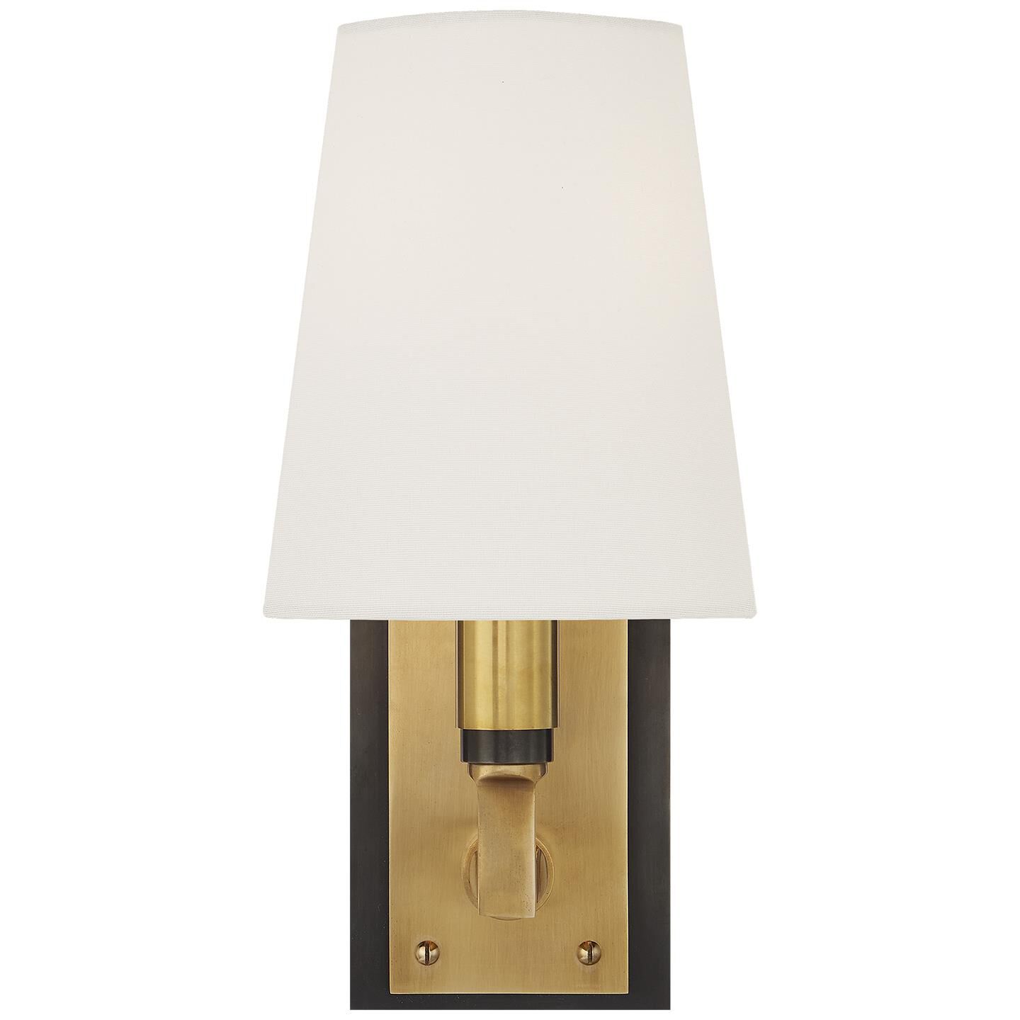 Shown in Bronze With Antique Brass finish and Linen shade
