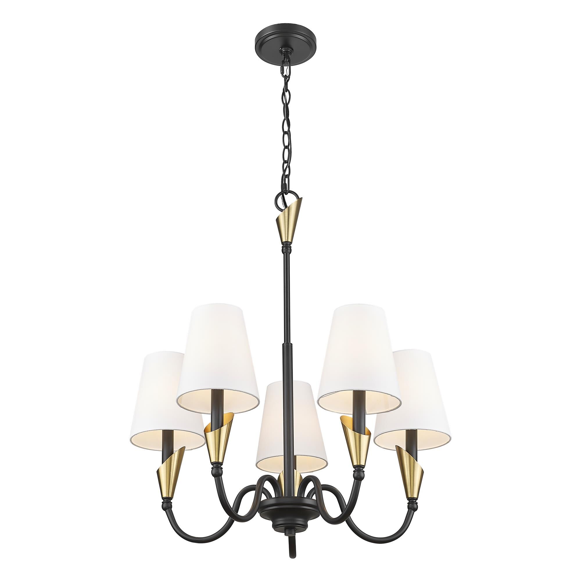 Shown in Matte Black And Modern Gold finish and White glass and White shade