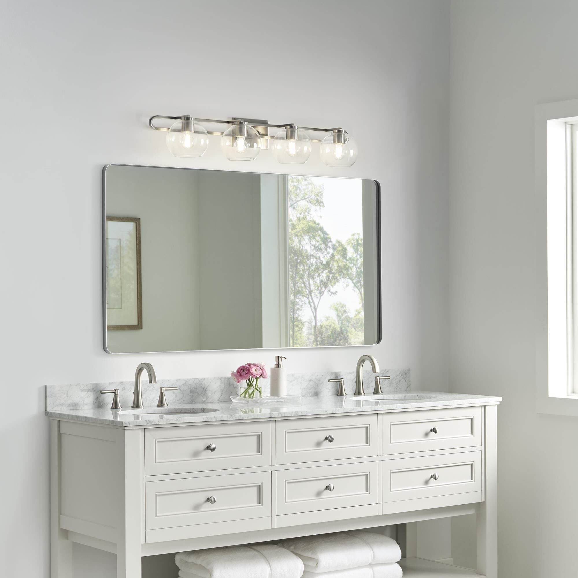 Shown in Brushed Nickel Silver finish and Clear glass