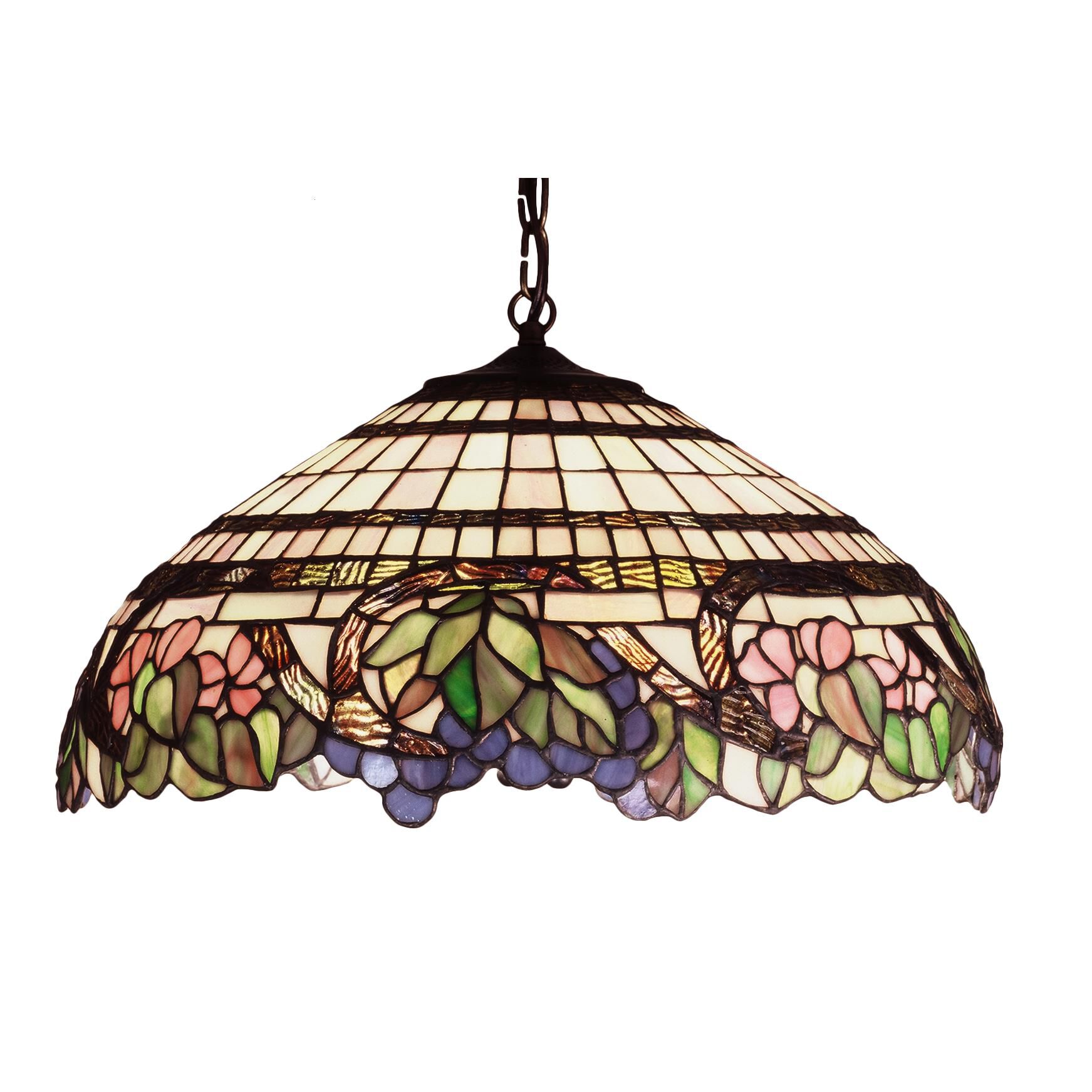 Shown in Mahogany Bronze finish and Plum-Jade Green-Pink-Amethyst-Ivory glass