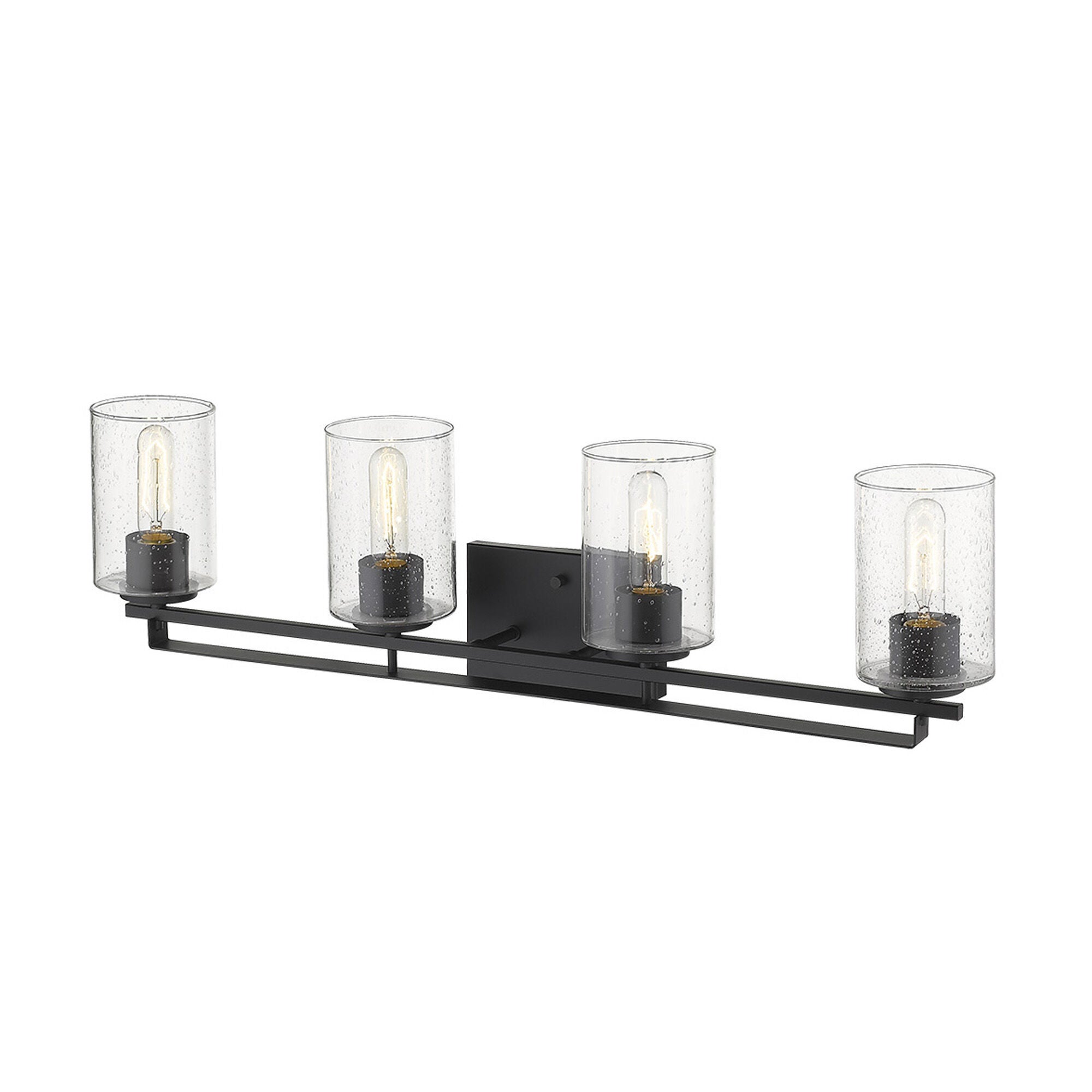 Shown in Matte Black finish and Clear glass and Clear, Seeded Cylindrical Glass s shade
