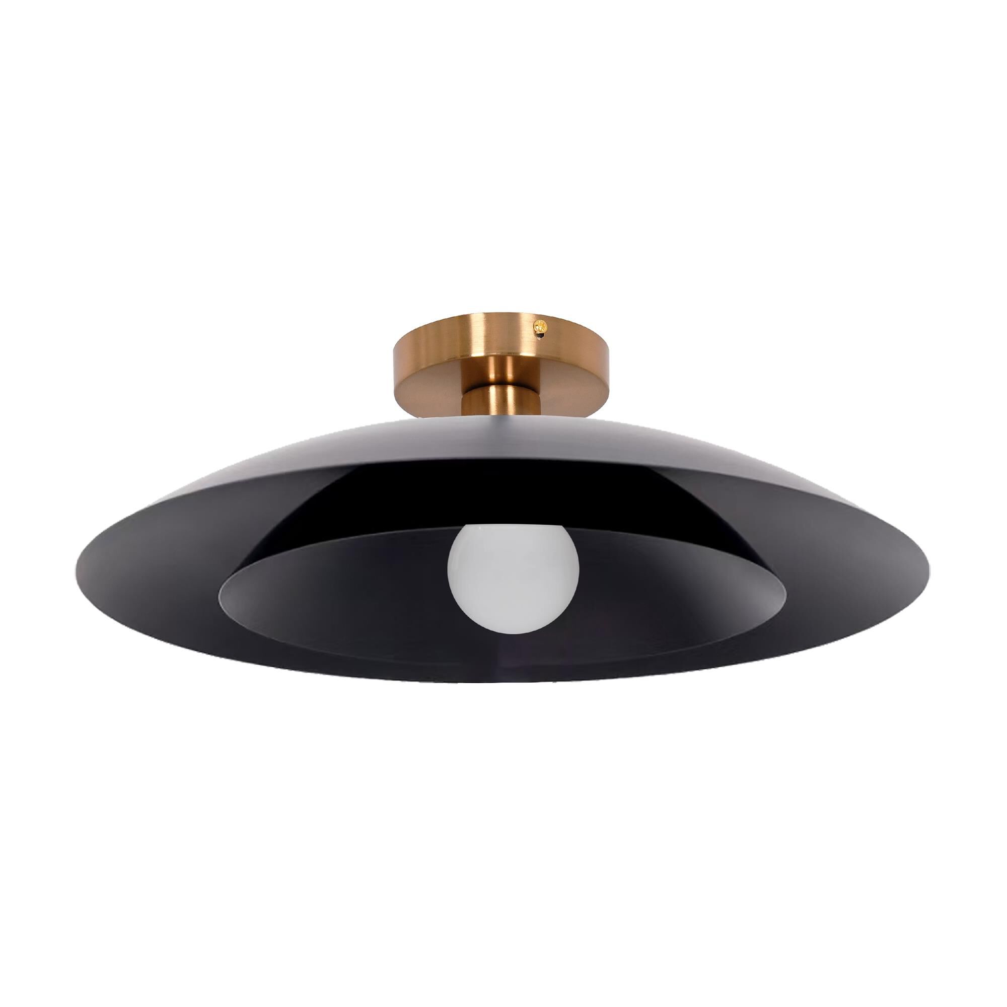Shown in Aged Brass finish and Matte Black shade